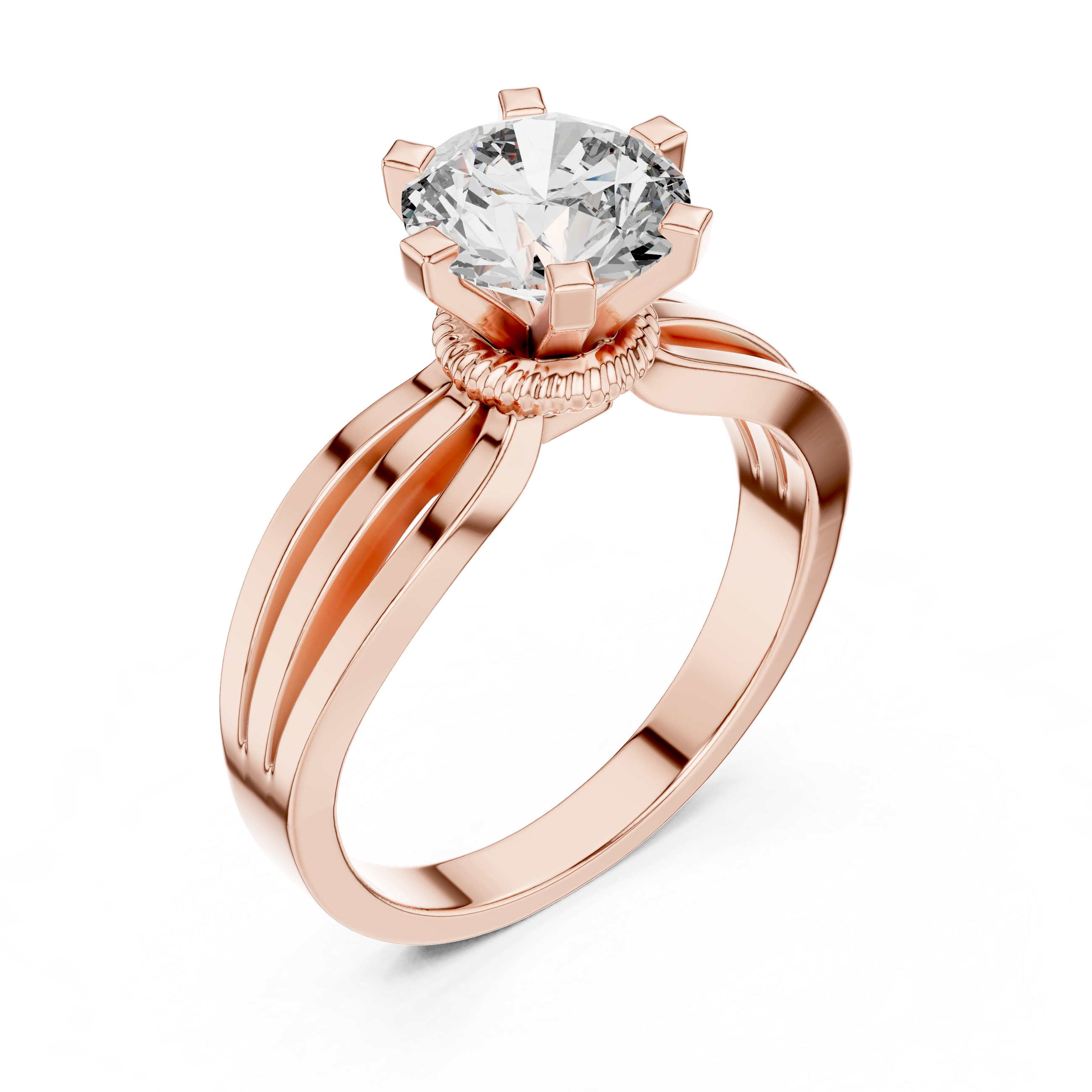Modern Triple Split Shank Solitaire Engagement Ring with Round Center Stone