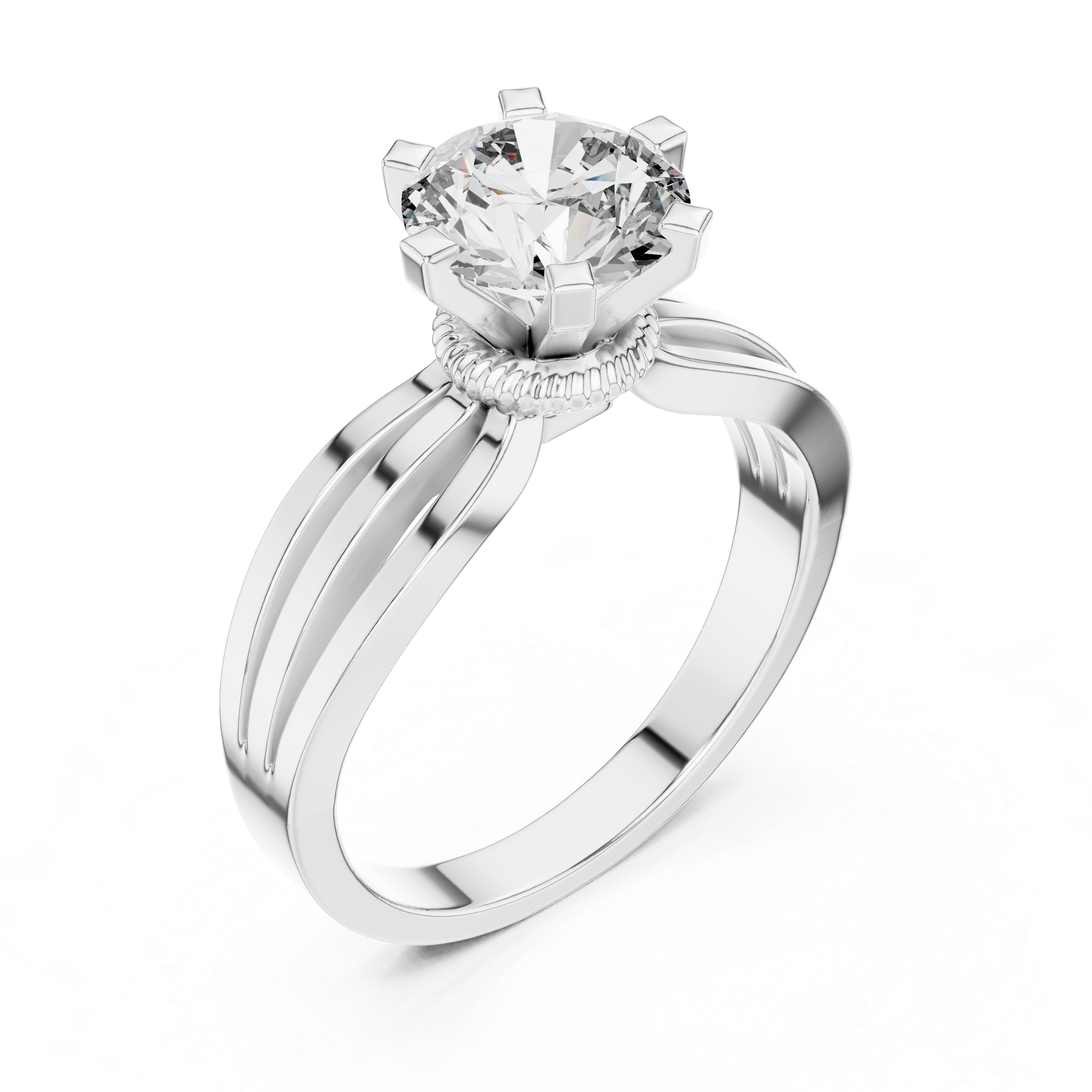 Modern Triple Split Shank Solitaire Engagement Ring with Round Center Stone