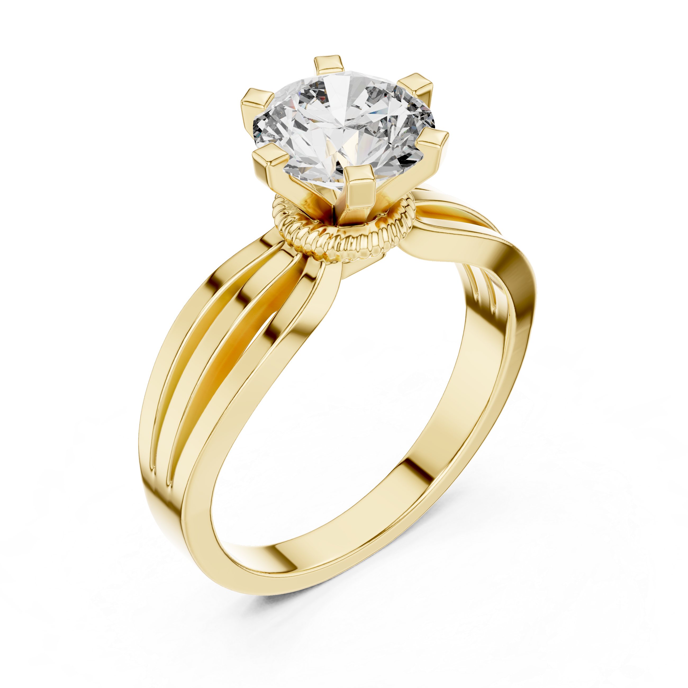 Modern Triple Split Shank Solitaire Engagement Ring with Round Center Stone