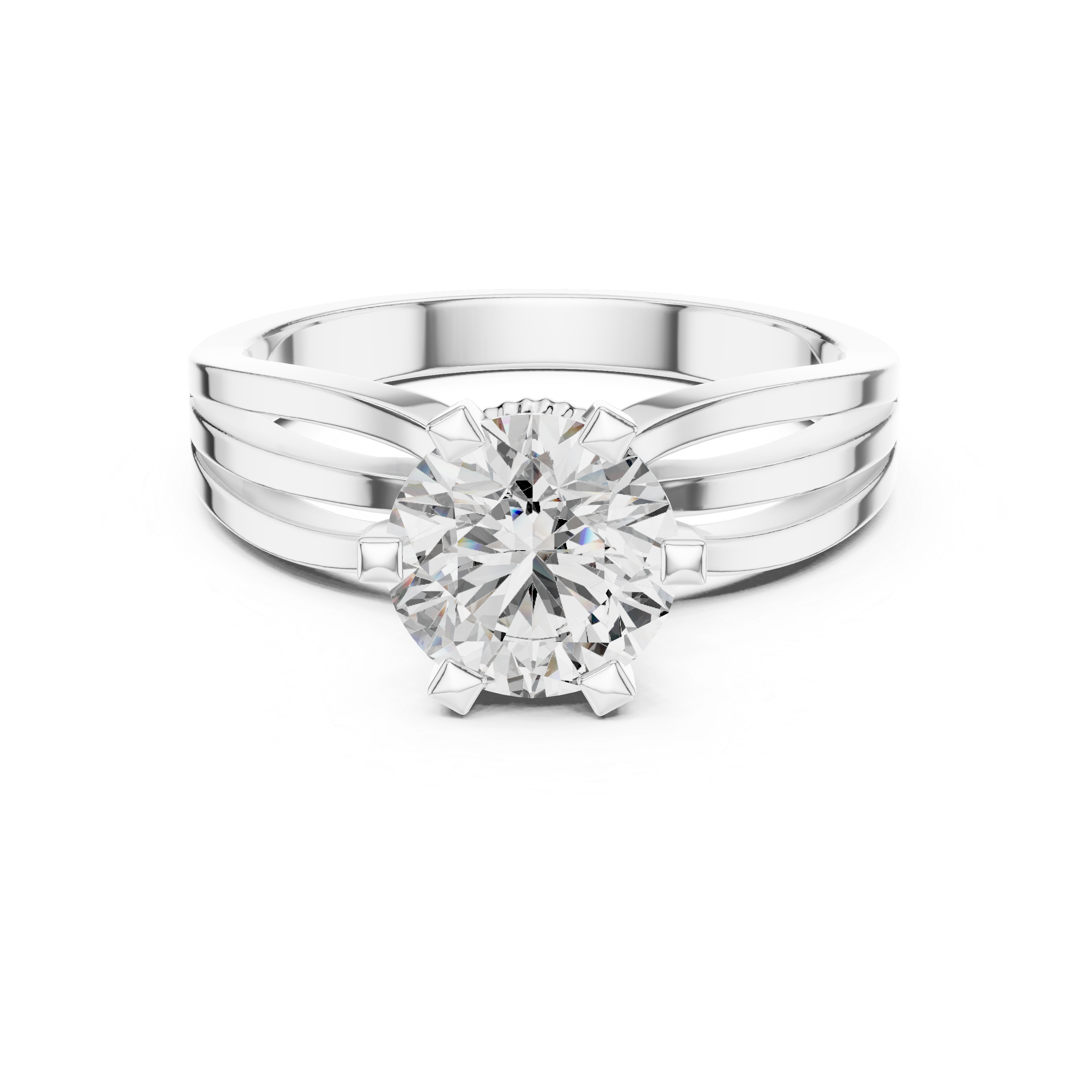 Modern Triple Split Shank Solitaire Engagement Ring with Round Center Stone