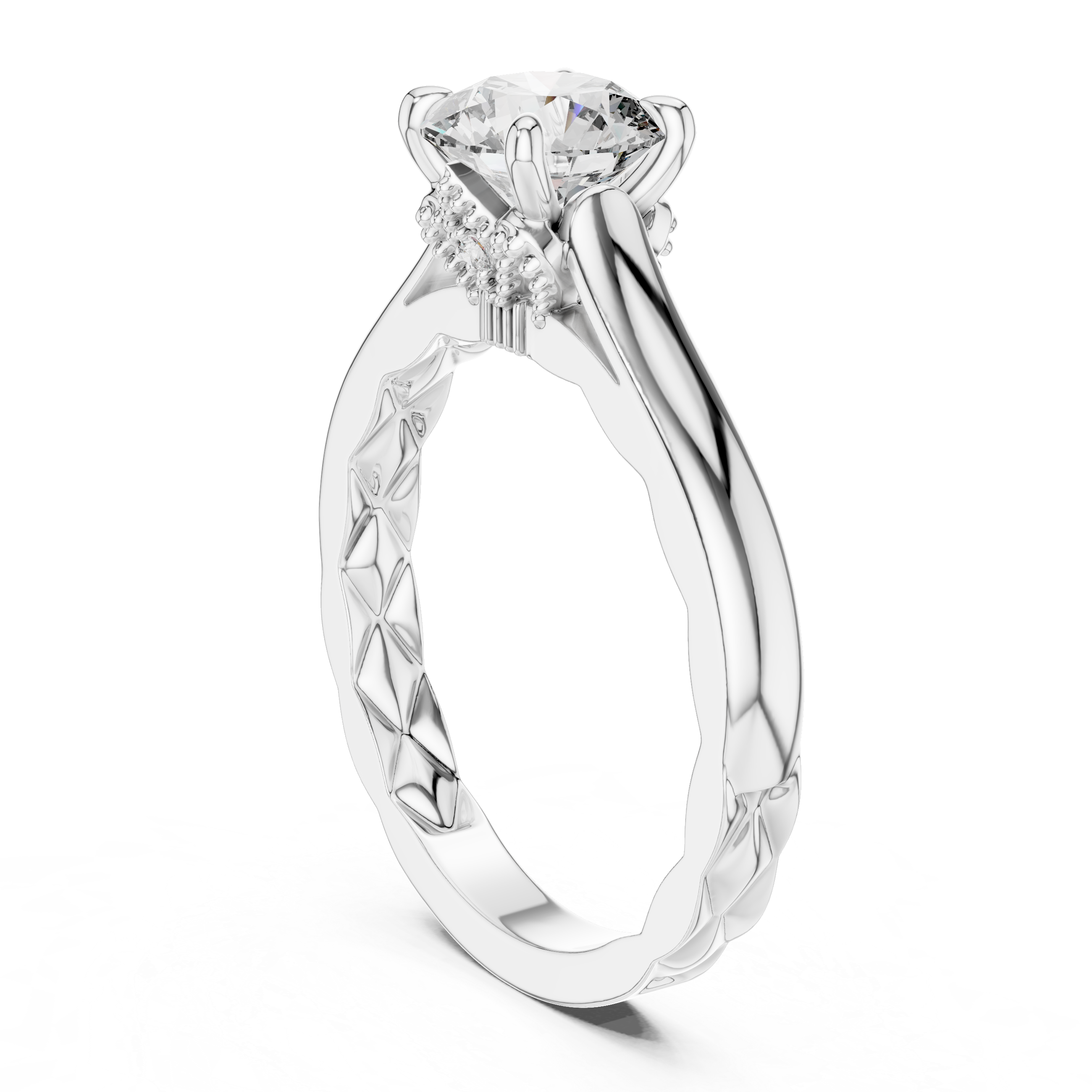 Round Cut Solitaire Engagement Ring with Sculpted Diamond Accent Gallery