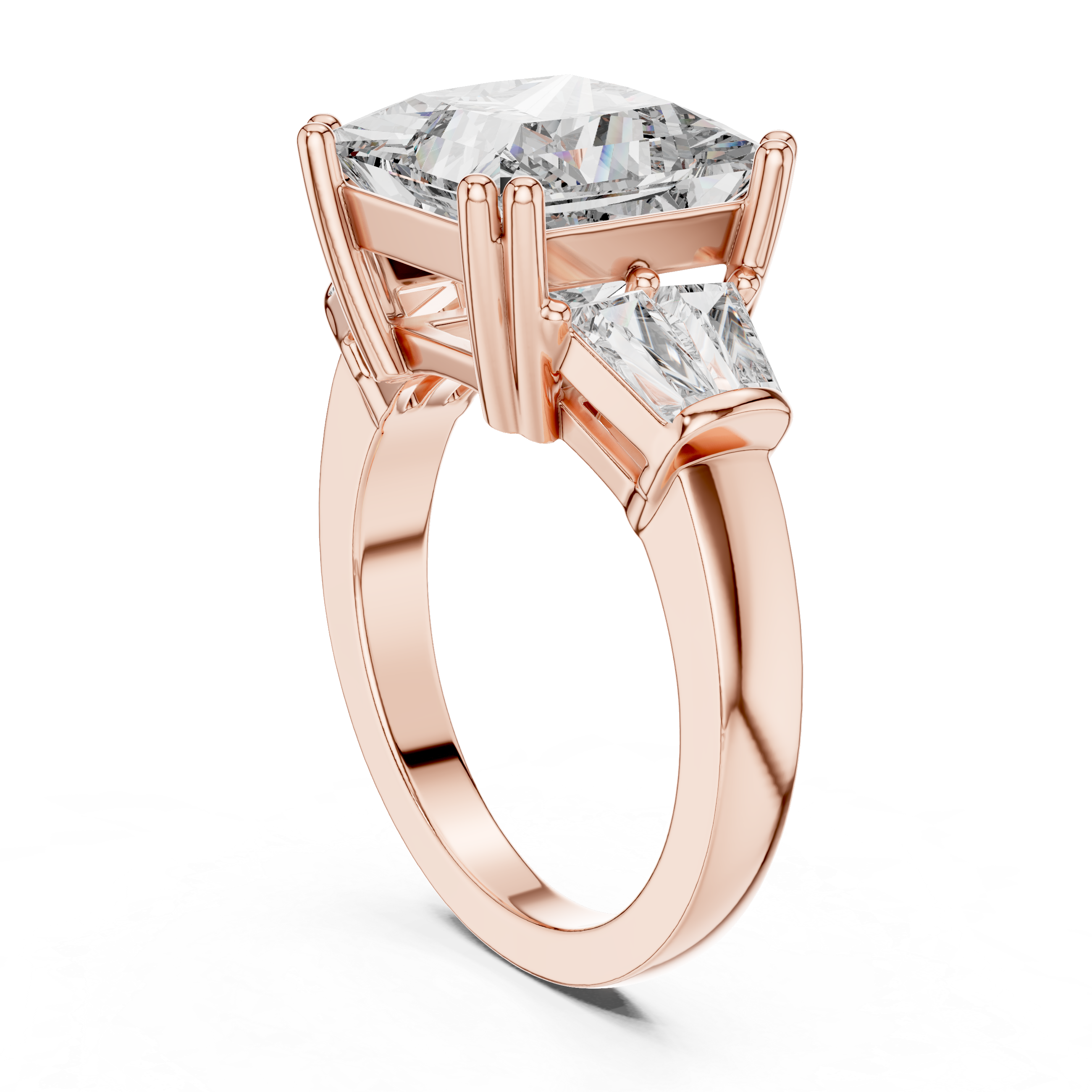 Princess Cut Three Stone Engagement Ring with Tapered Baguette Diamonds