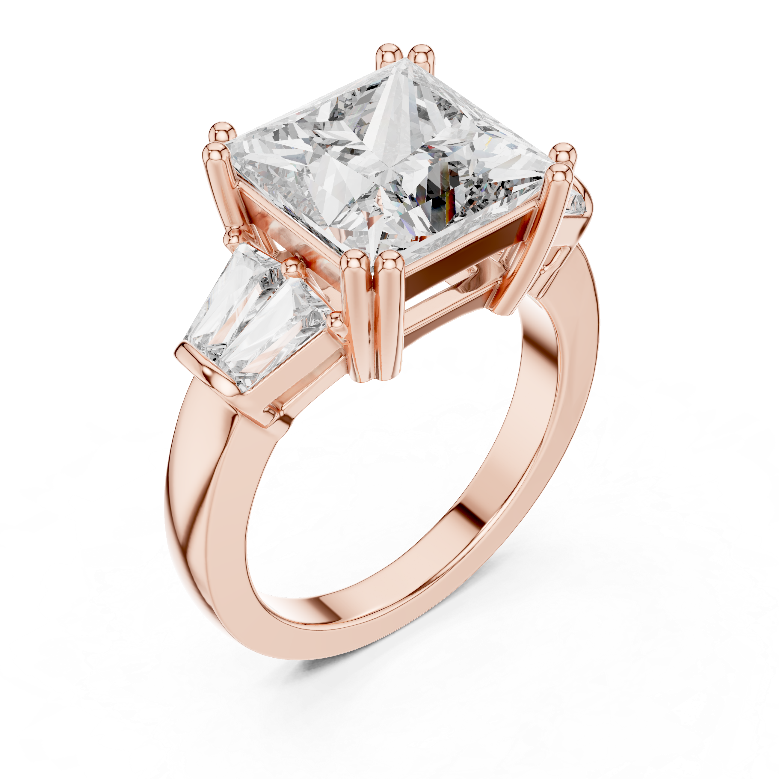 Princess Cut Three Stone Engagement Ring with Tapered Baguette Diamonds