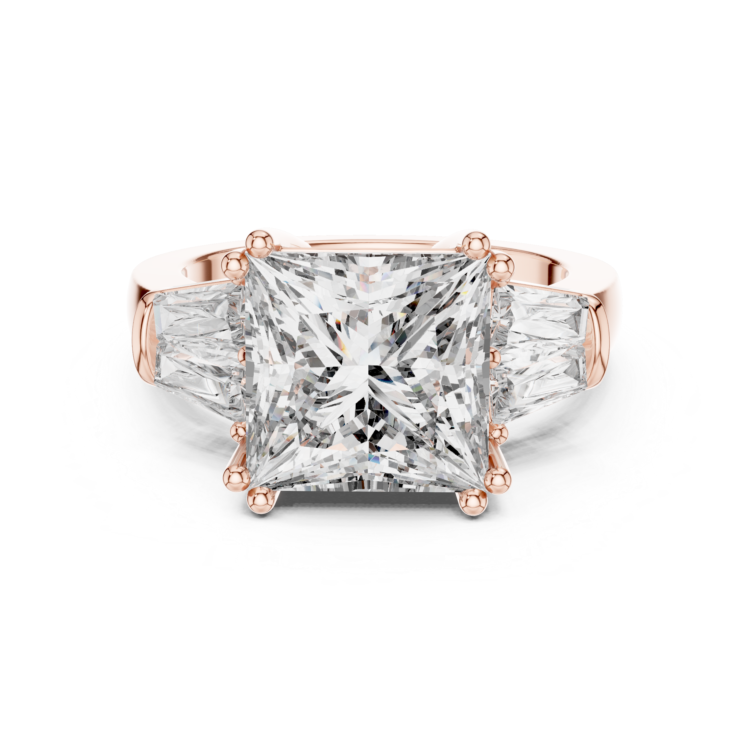 Princess Cut Three Stone Engagement Ring with Tapered Baguette Diamonds