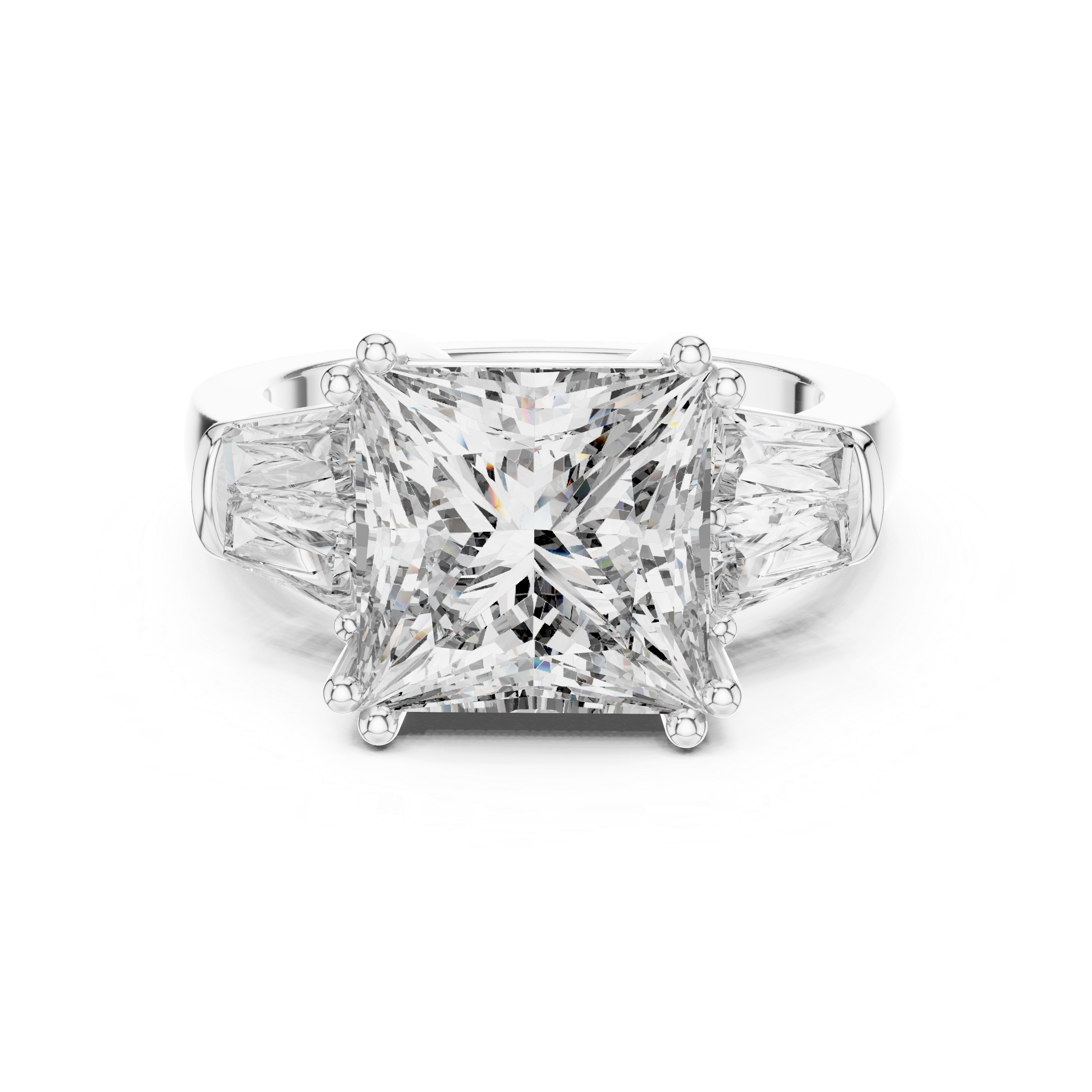 Princess Cut Three Stone Engagement Ring with Tapered Baguette Diamonds