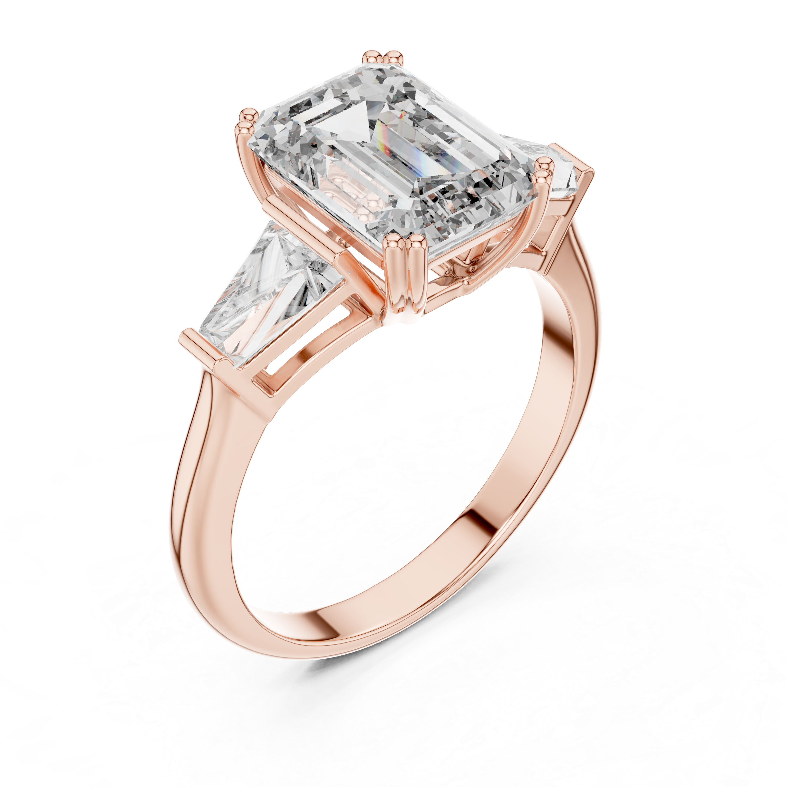 Emerald Cut Three Stone Engagement Ring with Tapered Baguette Side Diamonds