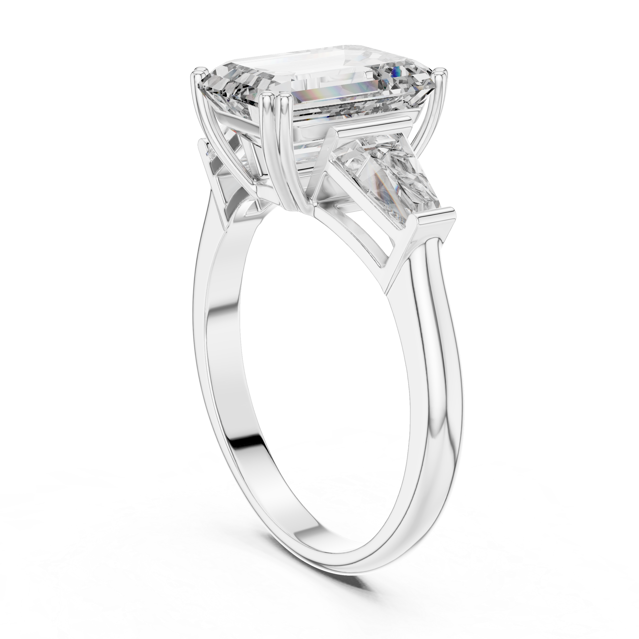 Emerald Cut Three Stone Engagement Ring with Tapered Baguette Side Diamonds
