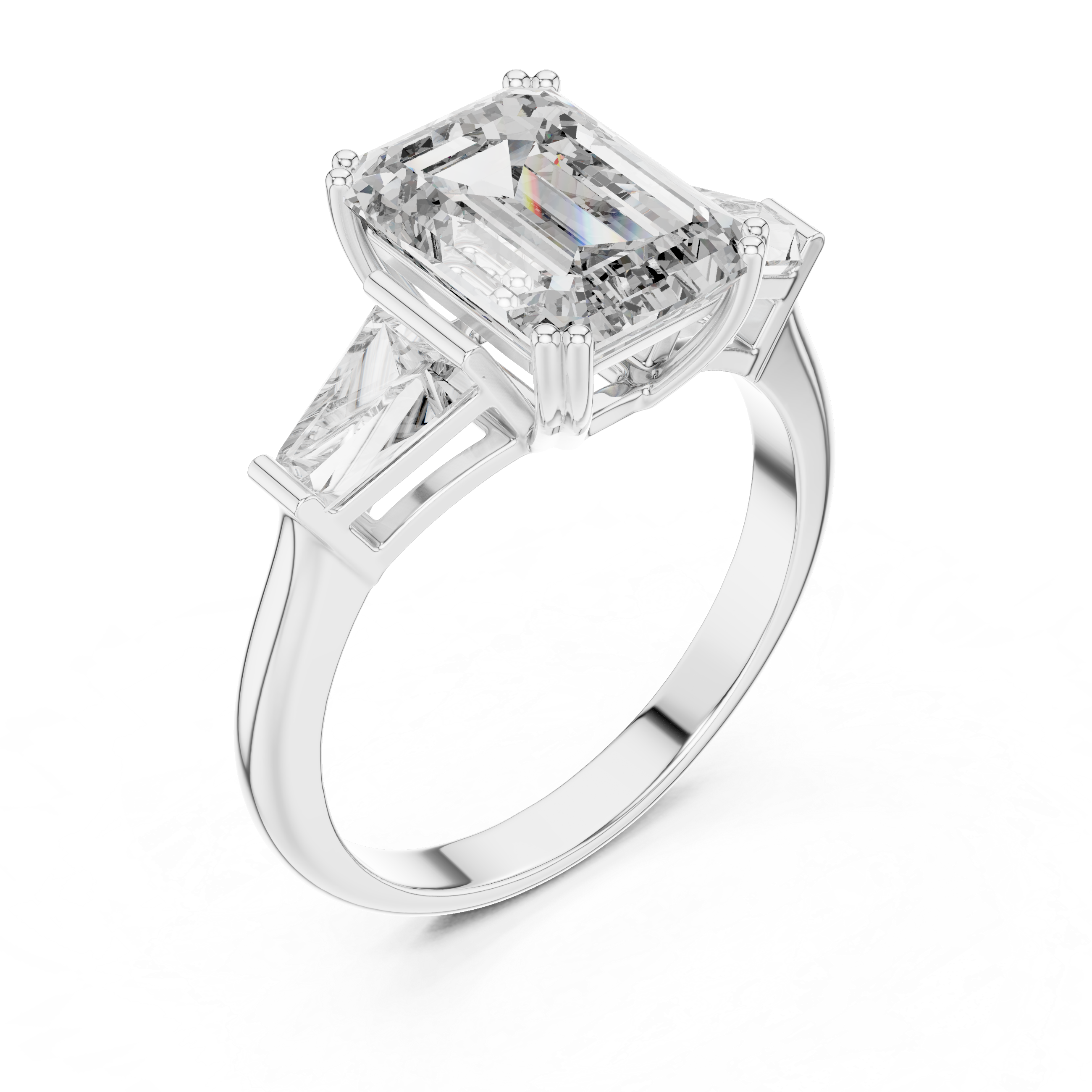 Emerald Cut Three Stone Engagement Ring with Tapered Baguette Side Diamonds