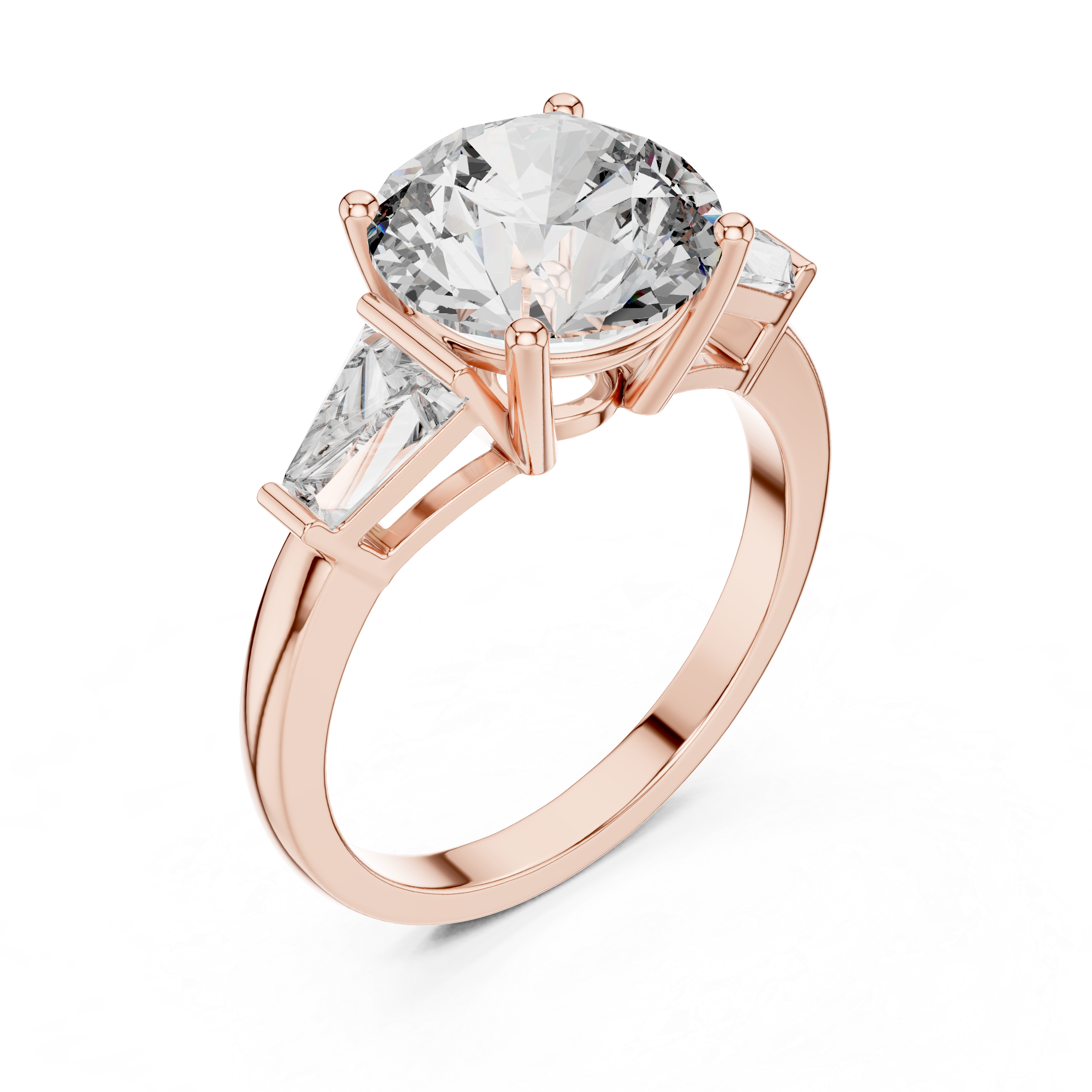 Round Brilliant Three Stone Engagement Ring with Tapered Baguette Side Diamonds