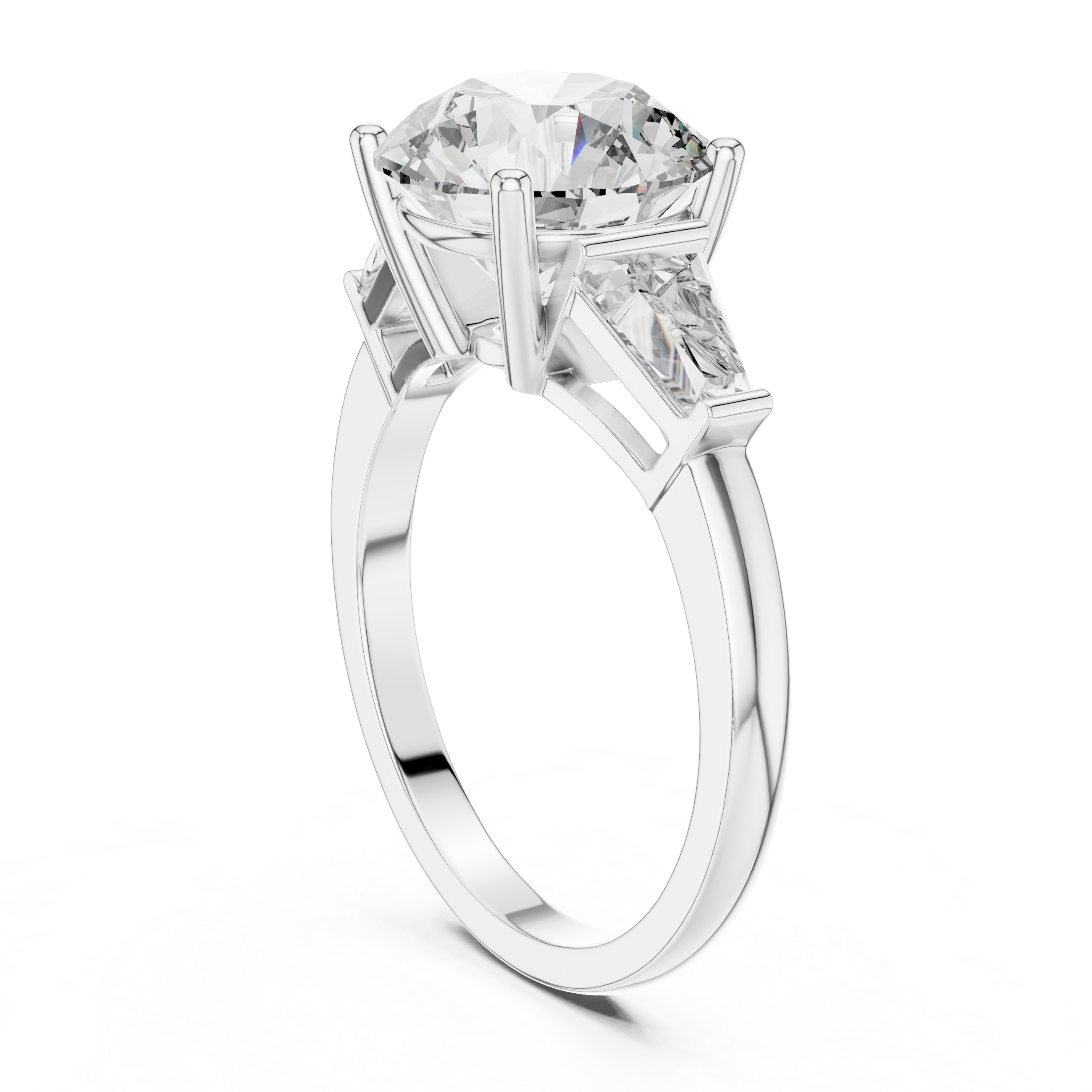 Round Brilliant Three Stone Engagement Ring with Tapered Baguette Side Diamonds