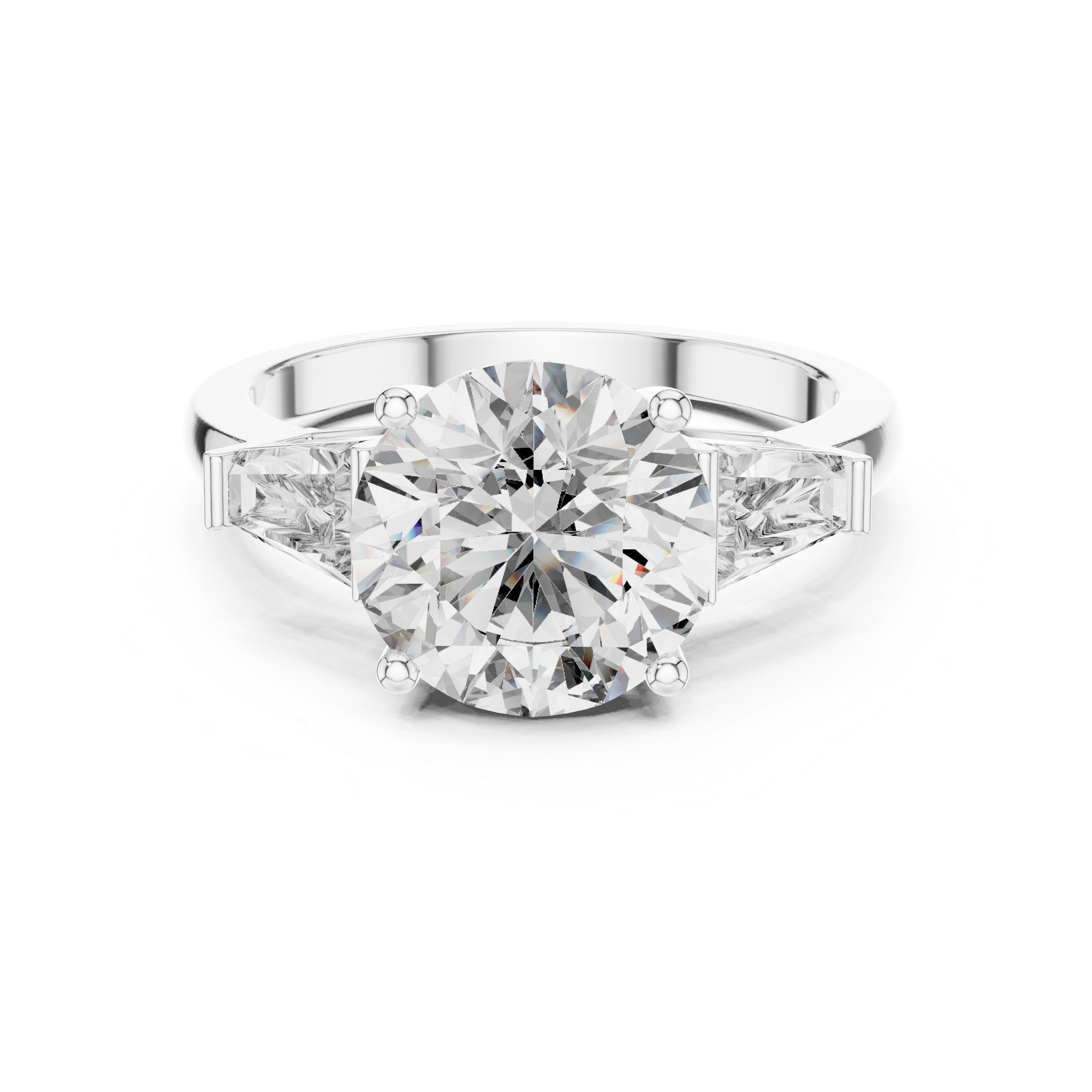 Round Brilliant Three Stone Engagement Ring with Tapered Baguette Side Diamonds