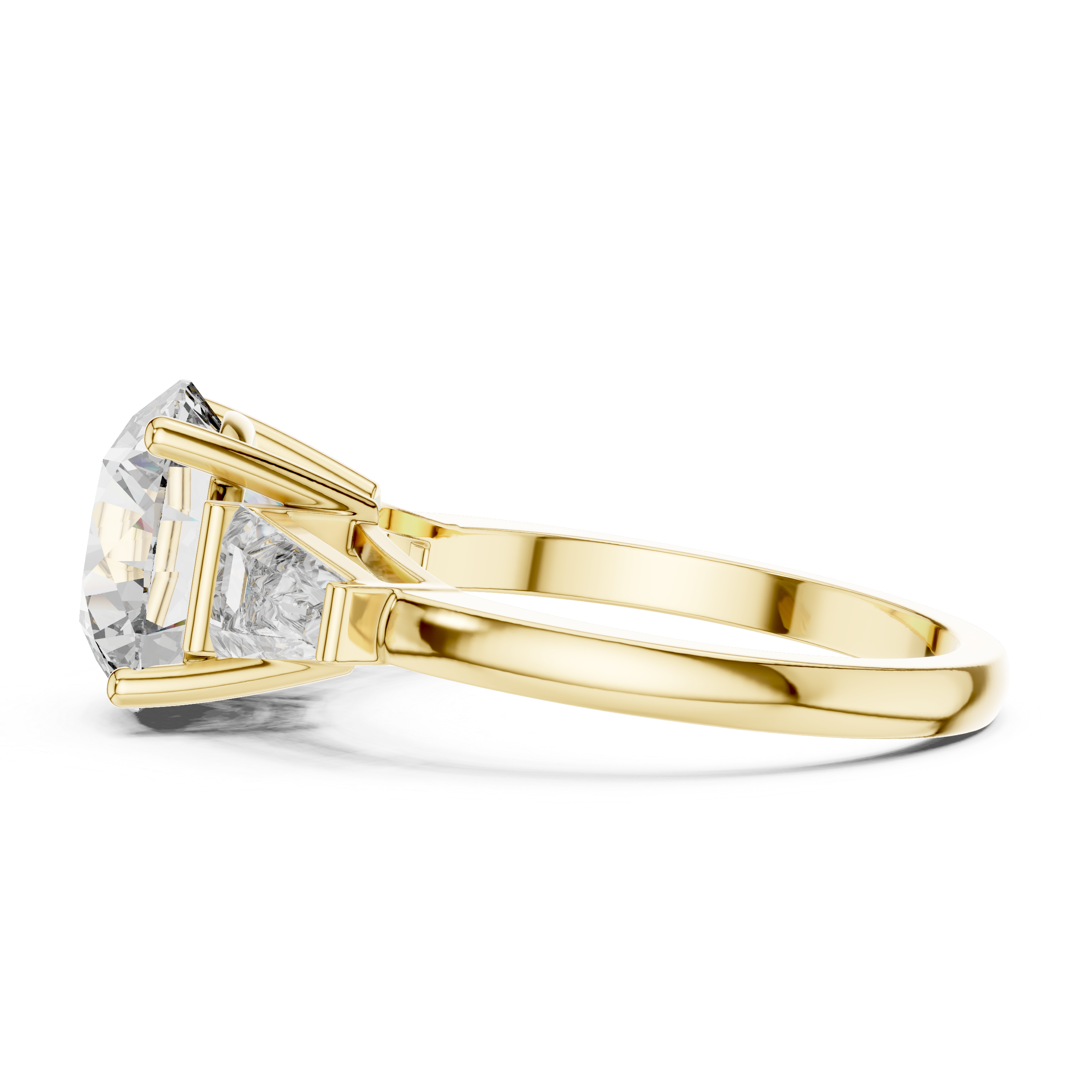 Round Brilliant Three Stone Engagement Ring with Tapered Baguette Side Diamonds