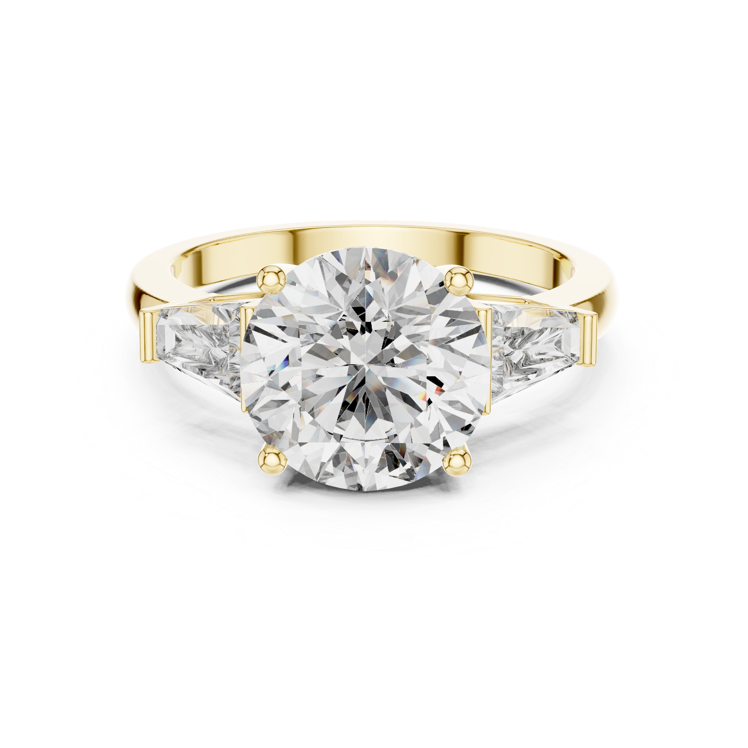 Round Brilliant Three Stone Engagement Ring with Tapered Baguette Side Diamonds