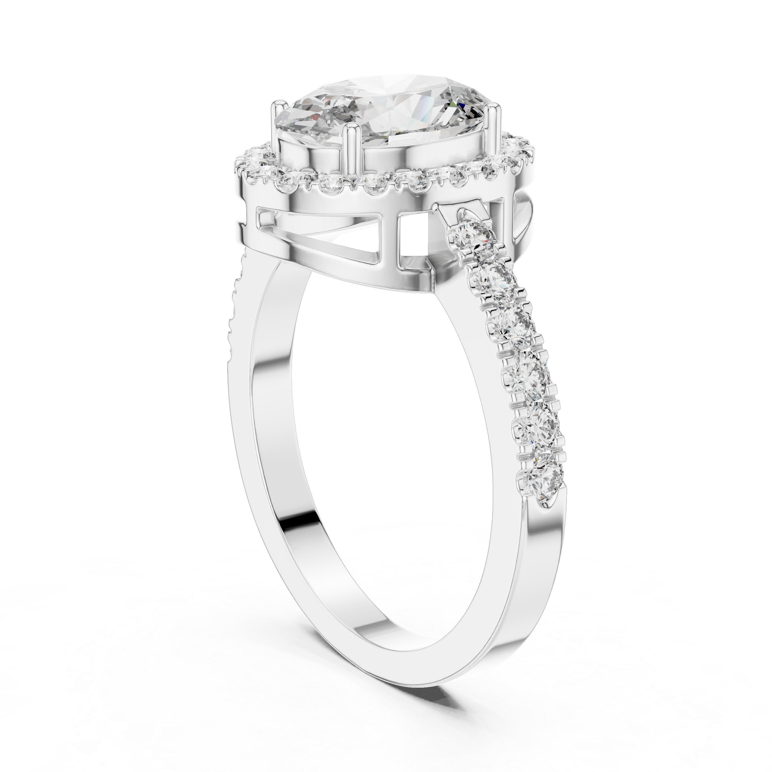 Oval Cut Halo Engagement Ring with Pavé Diamond Band