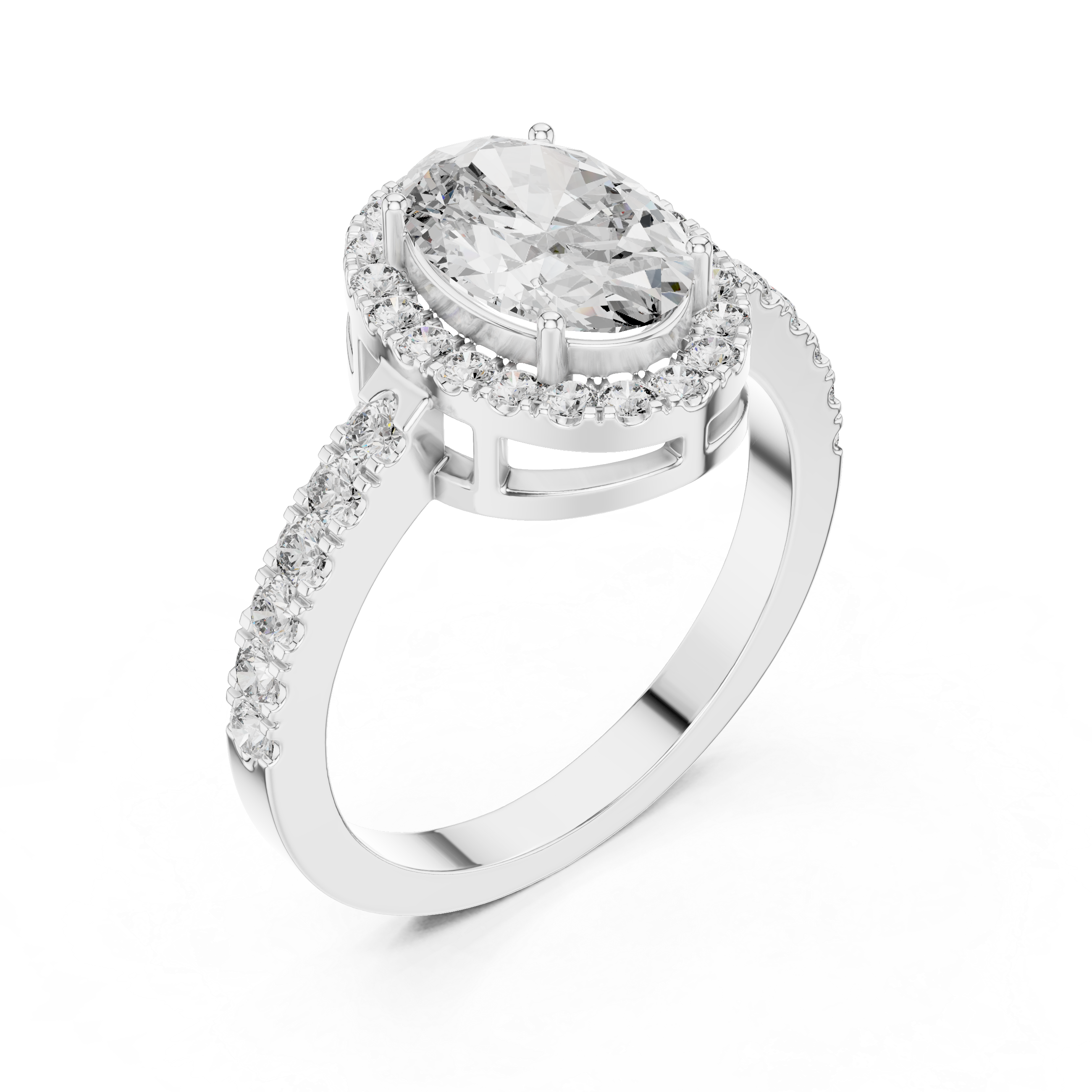 Oval Cut Halo Engagement Ring with Pavé Diamond Band