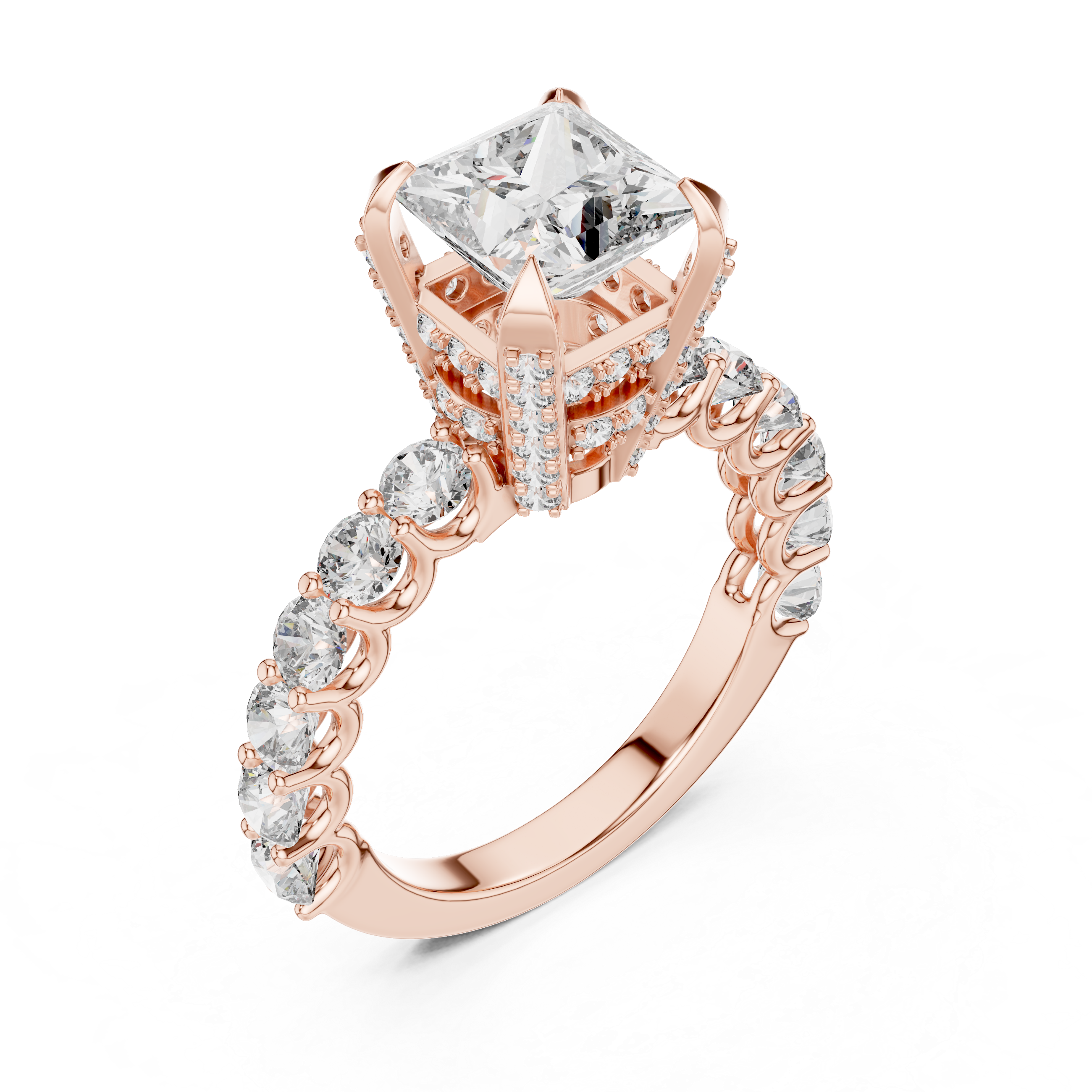 Princess Cut Engagement Ring with Diamond Pavé Cathedral Setting