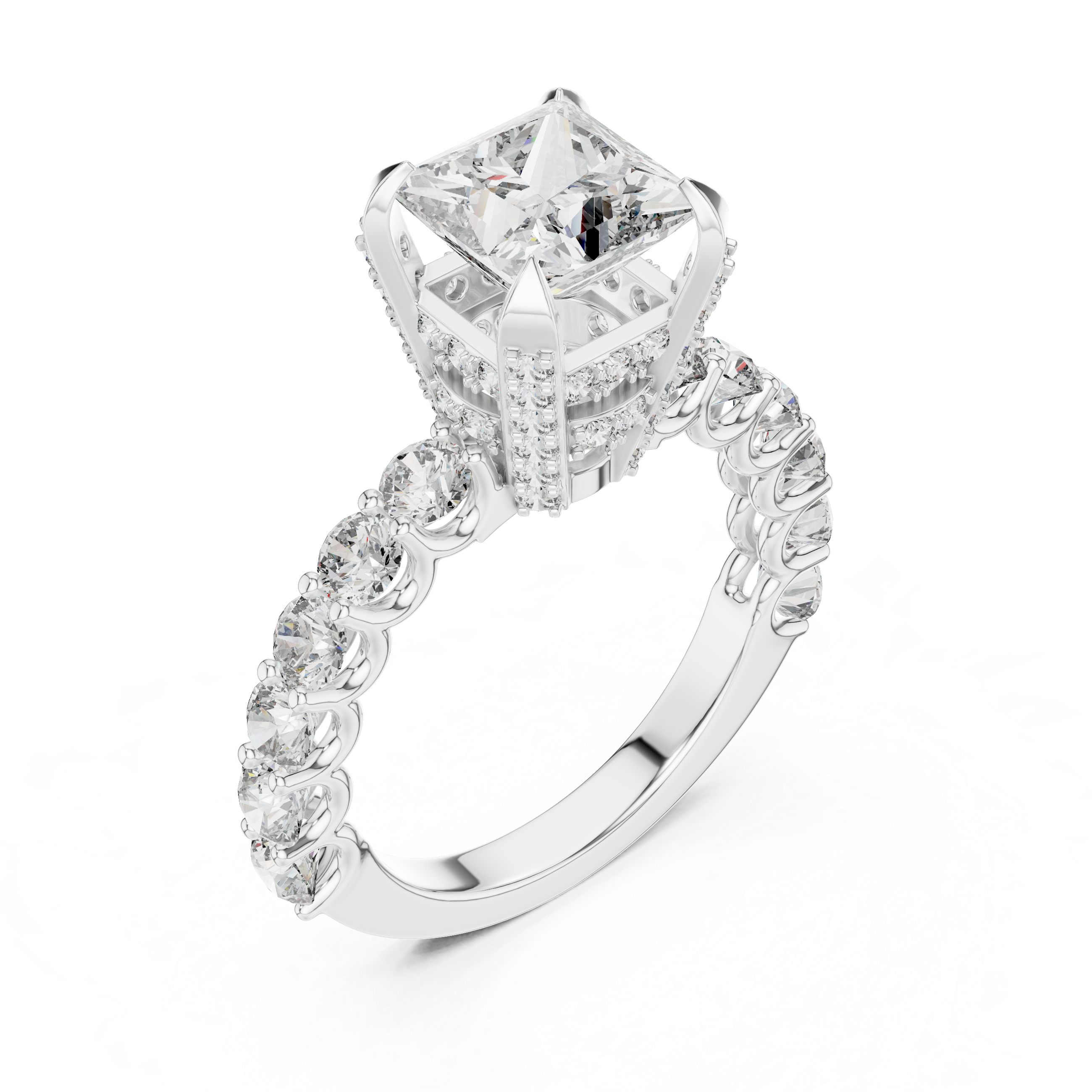 Princess Cut Engagement Ring with Diamond Pavé Cathedral Setting