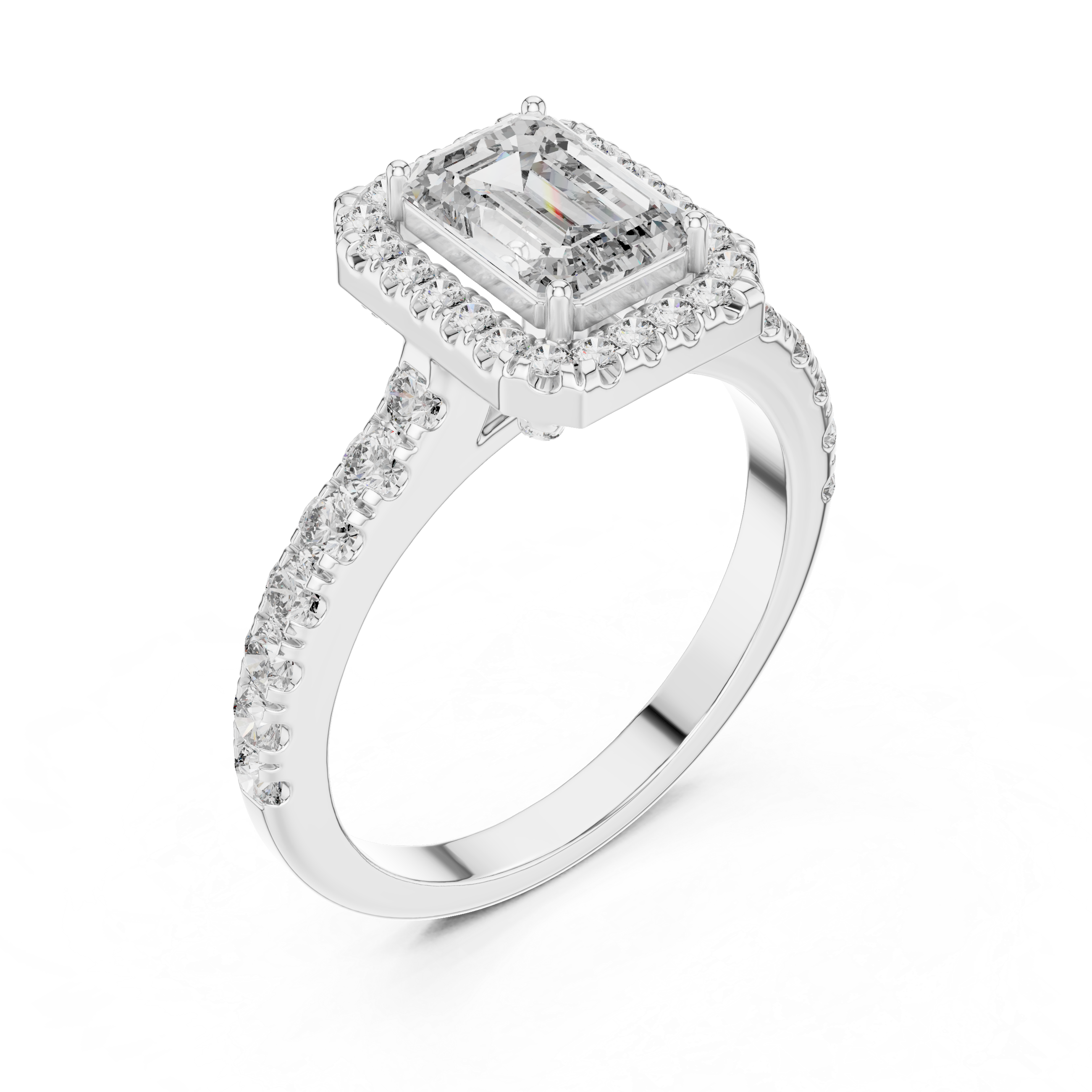 Emerald Cut Halo Engagement Ring with Pavé Diamond Band