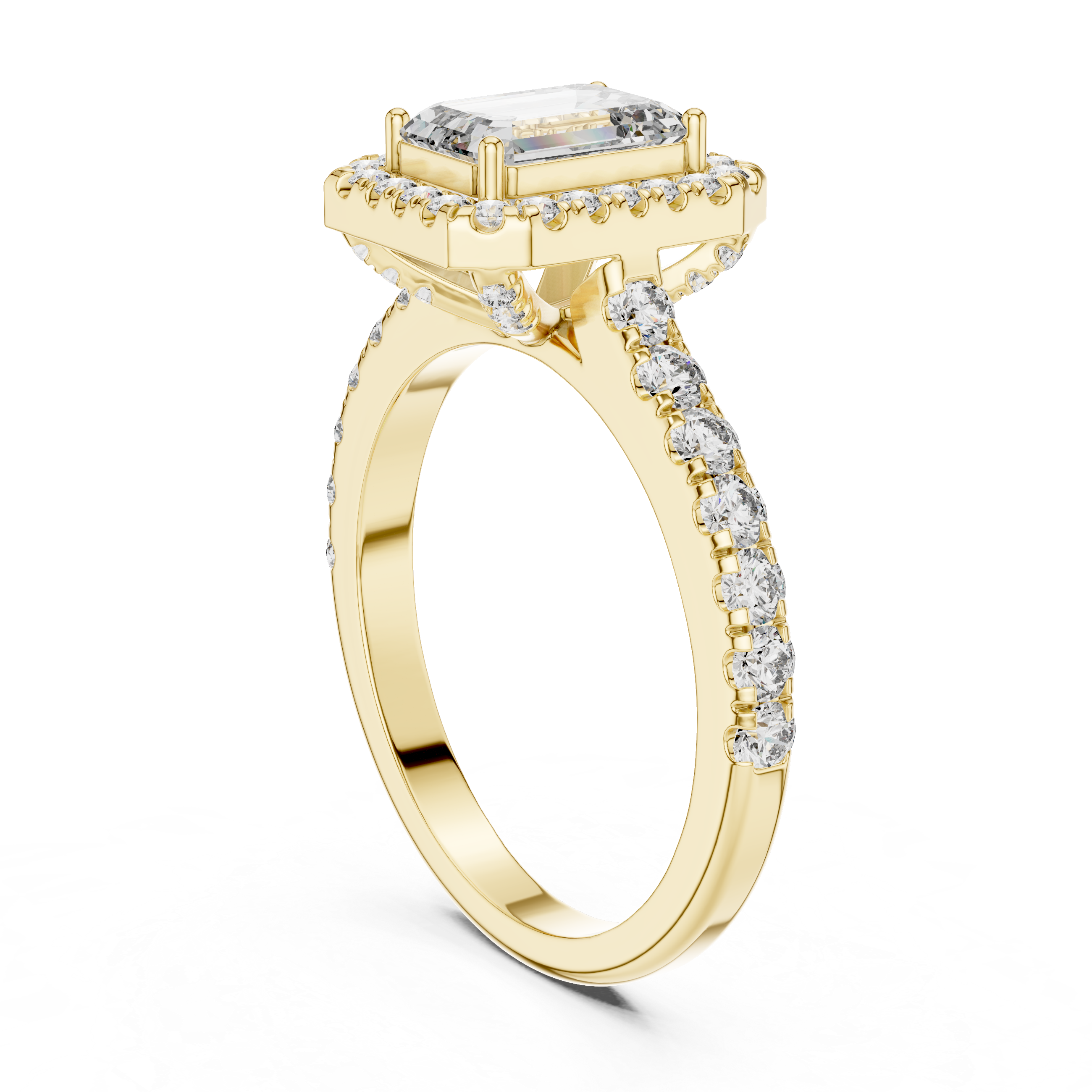 Emerald Cut Halo Engagement Ring with Pavé Diamond Band
