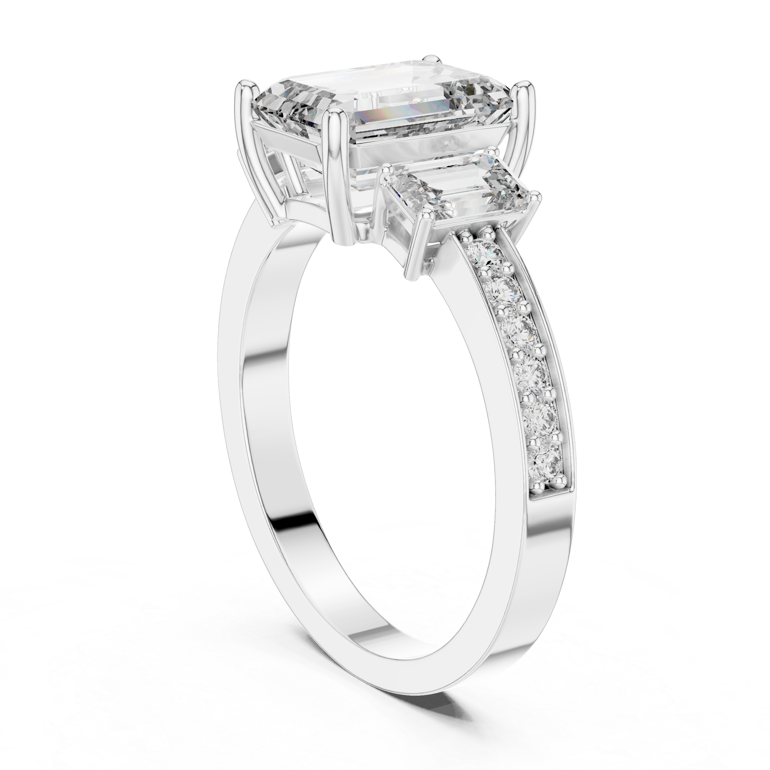 Emerald Cut Three Stone Engagement Ring with Pavé Band
