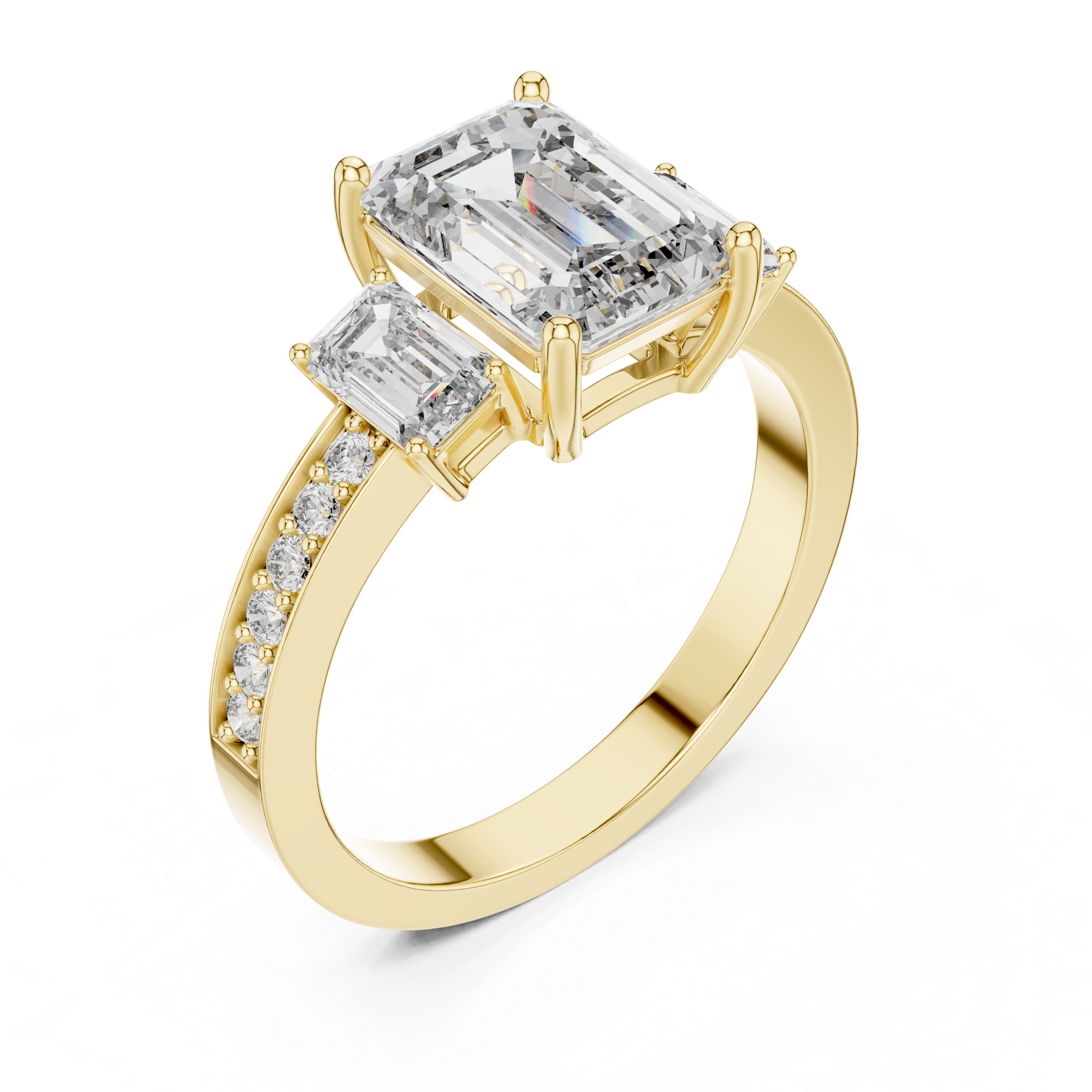 Emerald Cut Three Stone Engagement Ring with Pavé Band