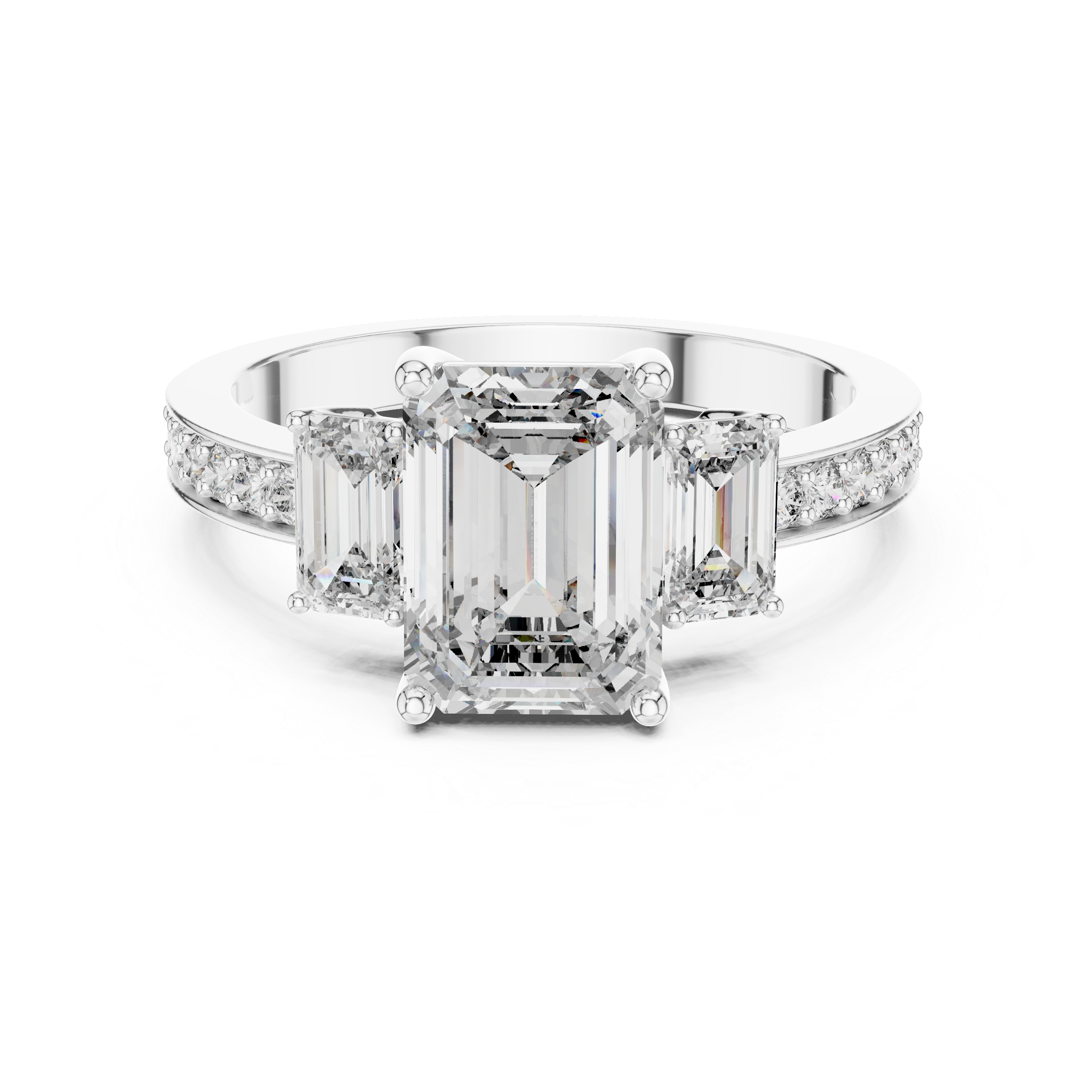 Emerald Cut Three Stone Engagement Ring with Pavé Band