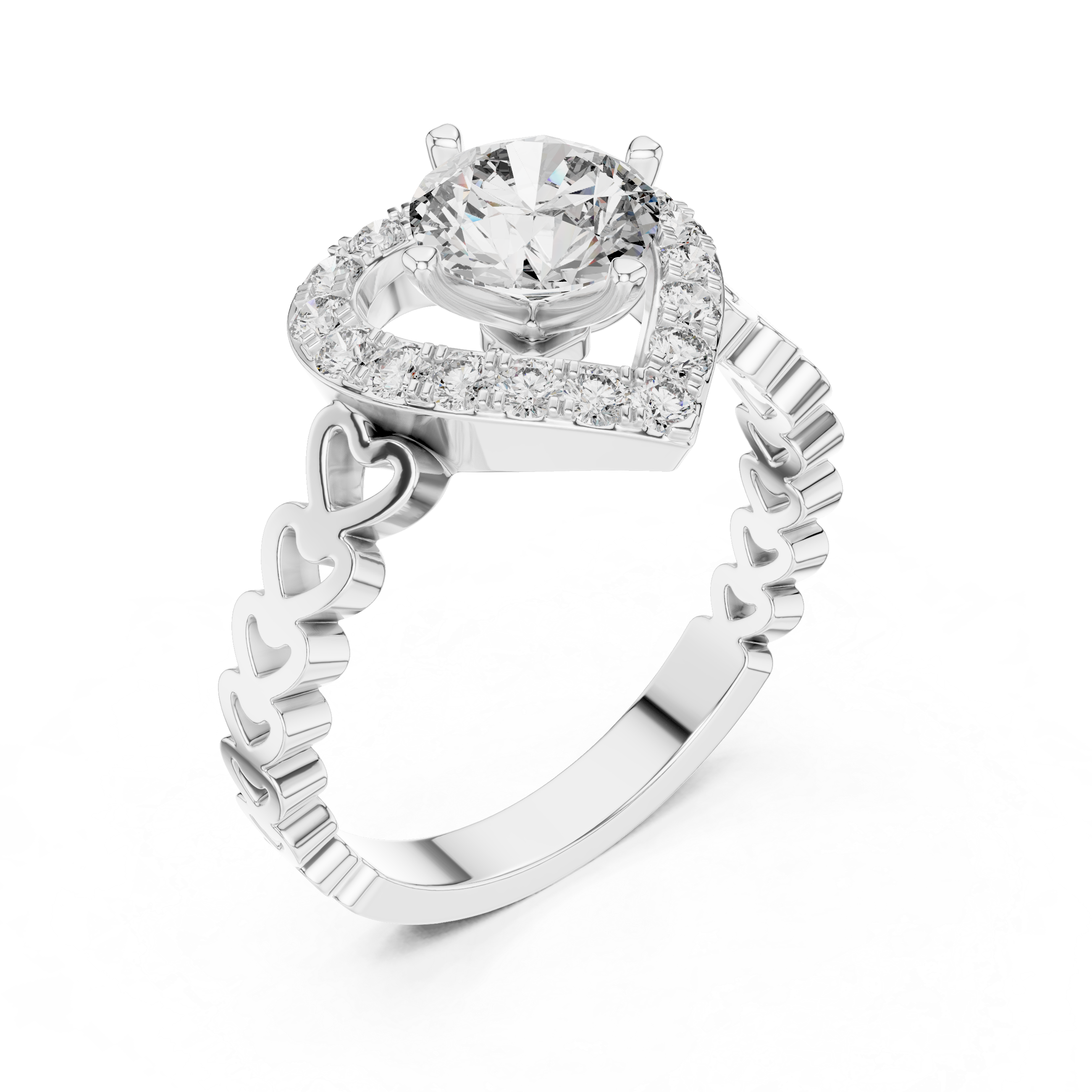 Heart Halo Diamond Ring with Open Heart Band Design