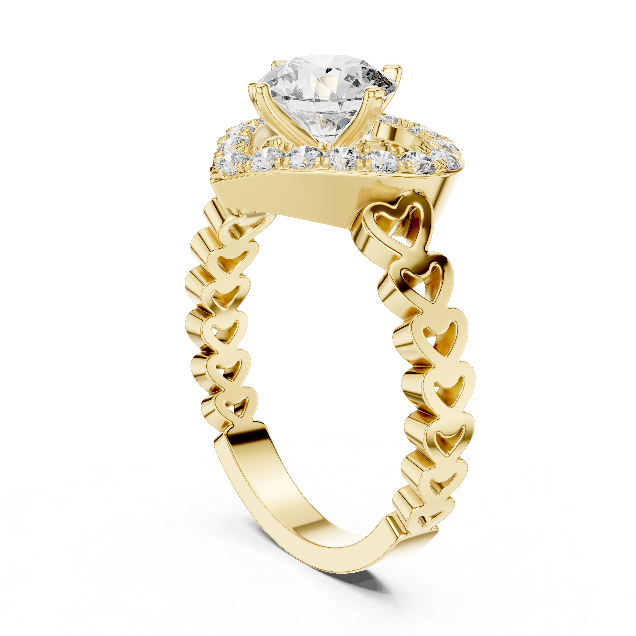 Heart Halo Diamond Ring with Open Heart Band Design