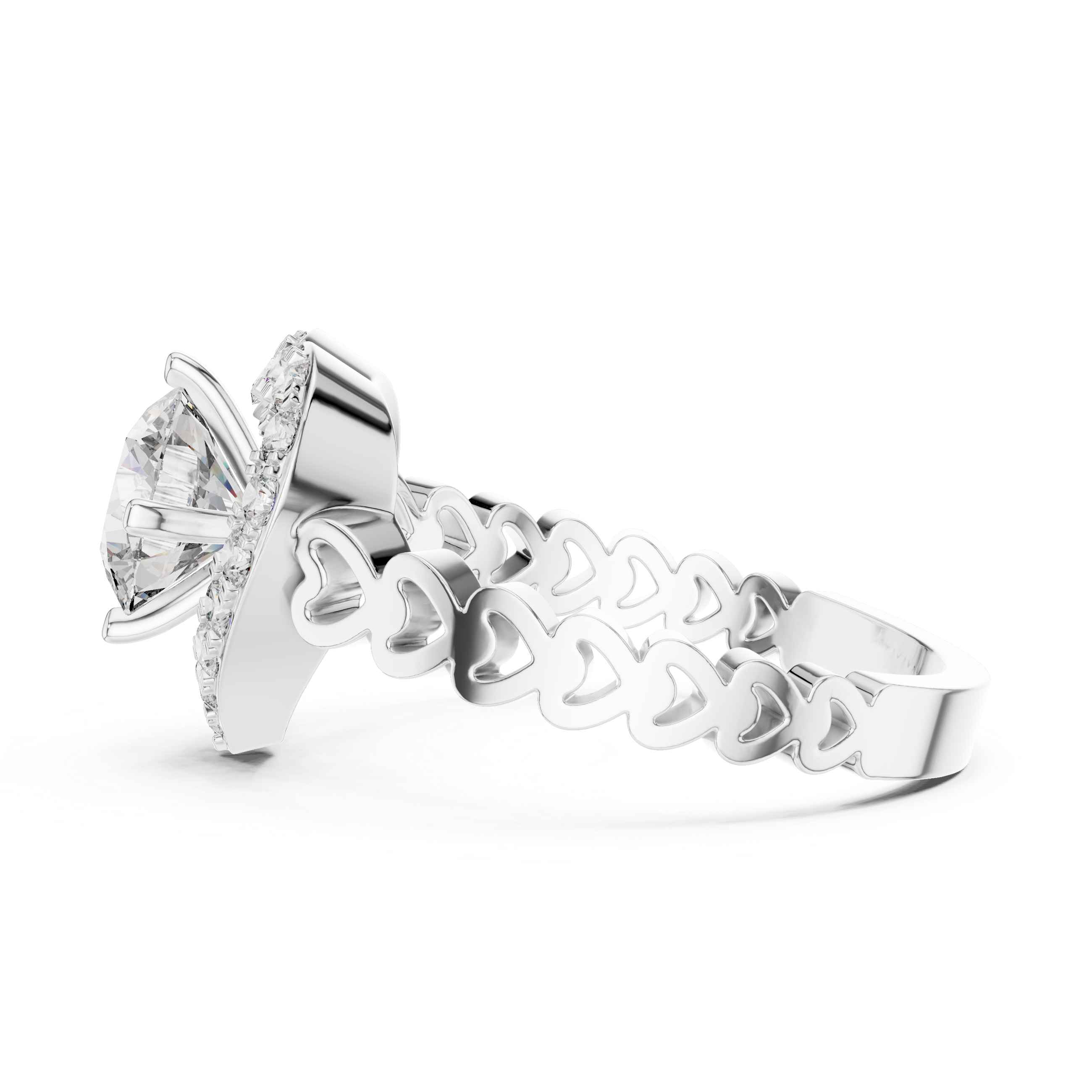 Heart Halo Diamond Ring with Open Heart Band Design