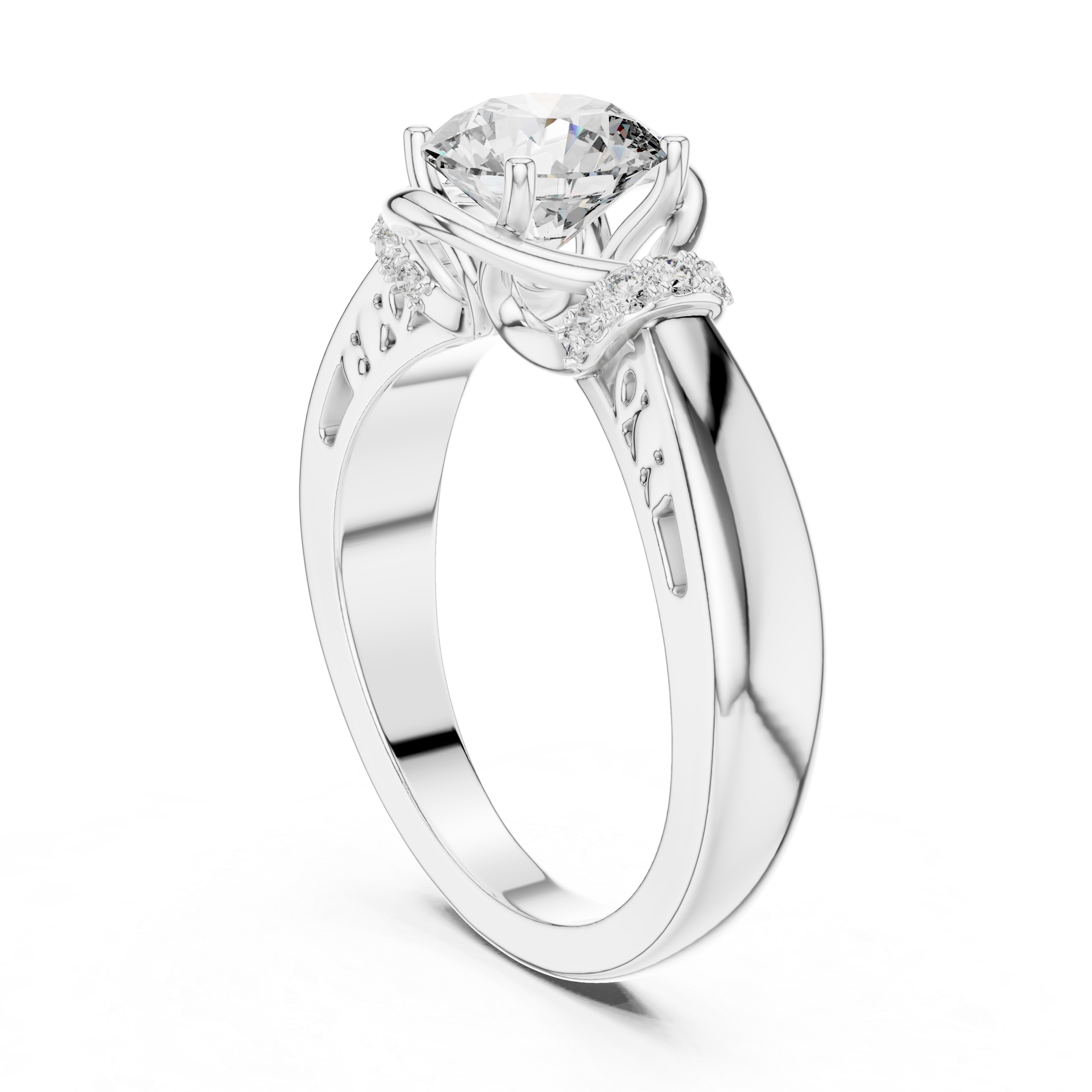 Vintage Inspired Round Solitaire Engagement Ring with Diamond Accent Halo Shoulders