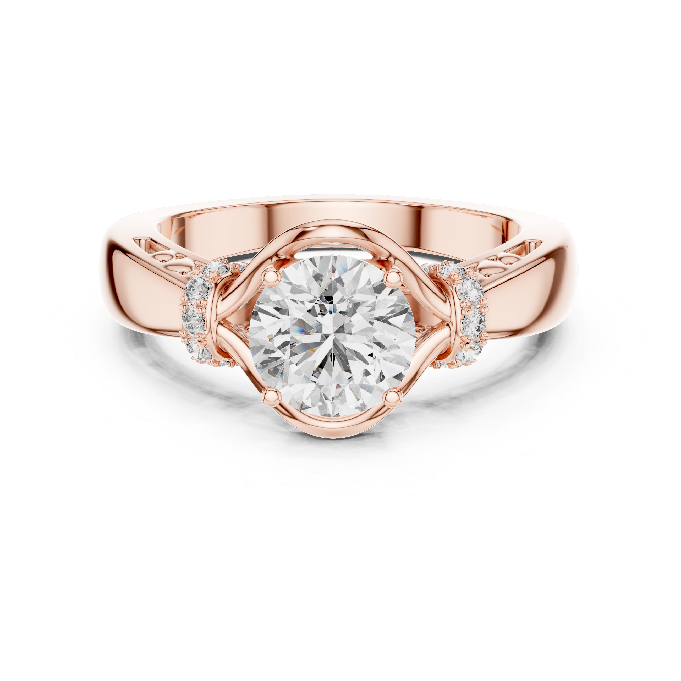 Vintage Inspired Round Solitaire Engagement Ring with Diamond Accent Halo Shoulders