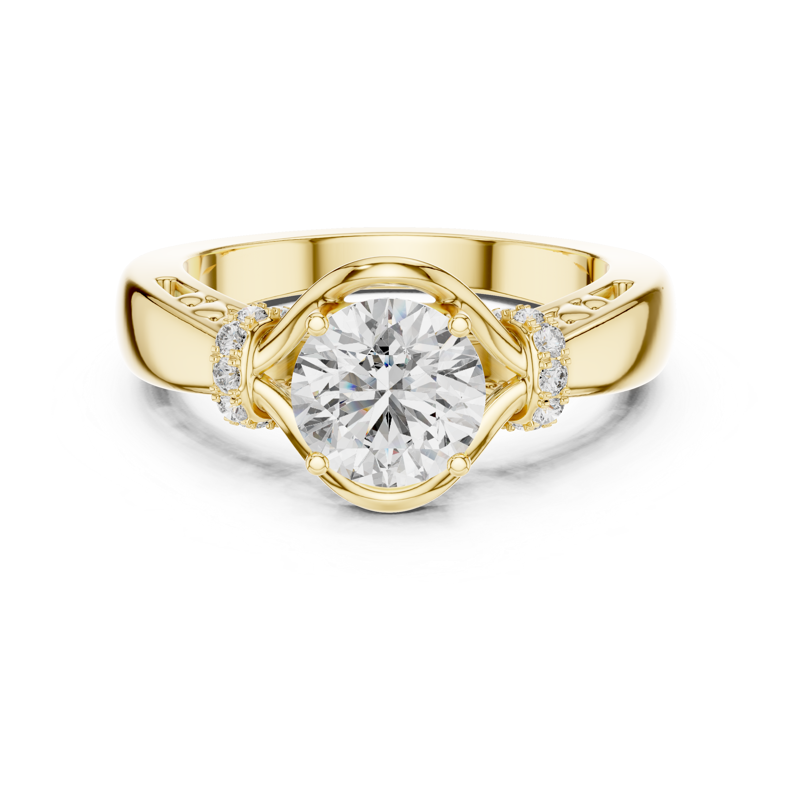 Vintage Inspired Round Solitaire Engagement Ring with Diamond Accent Halo Shoulders
