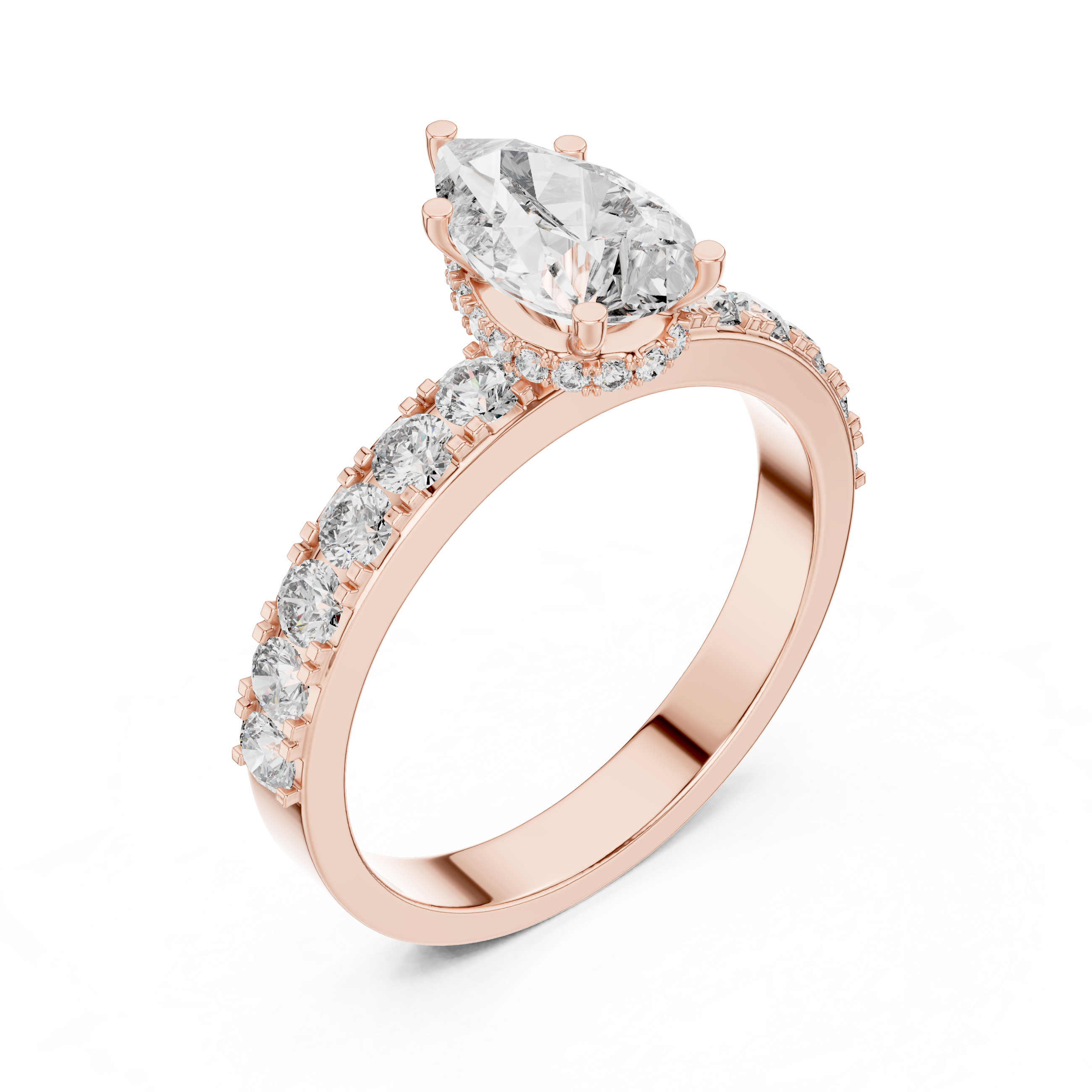 Pear Cut Solitaire Engagement Ring with Pavé Diamond Band – Minimalist Bridal Ring