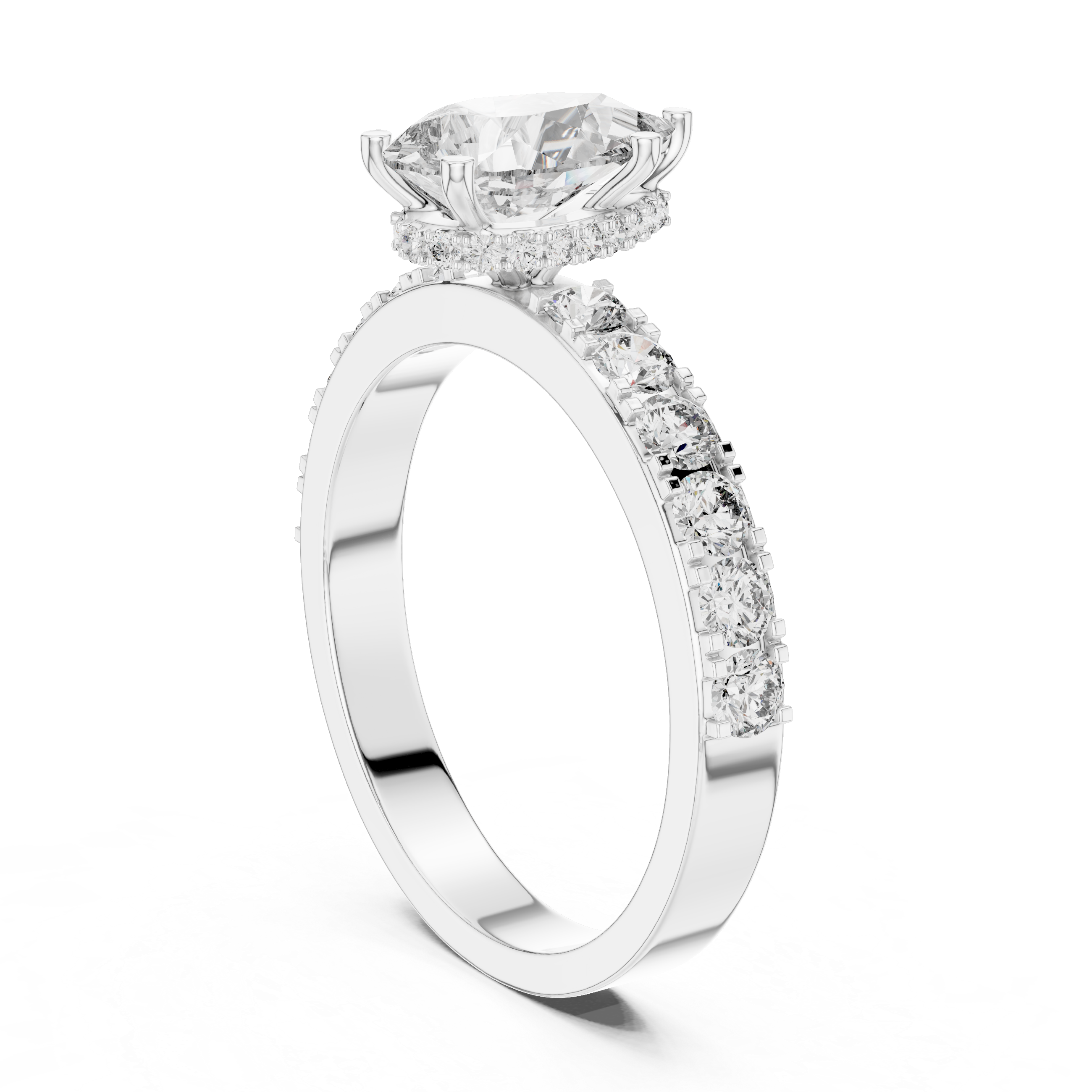 Pear Cut Solitaire Engagement Ring with Pavé Diamond Band – Minimalist Bridal Ring
