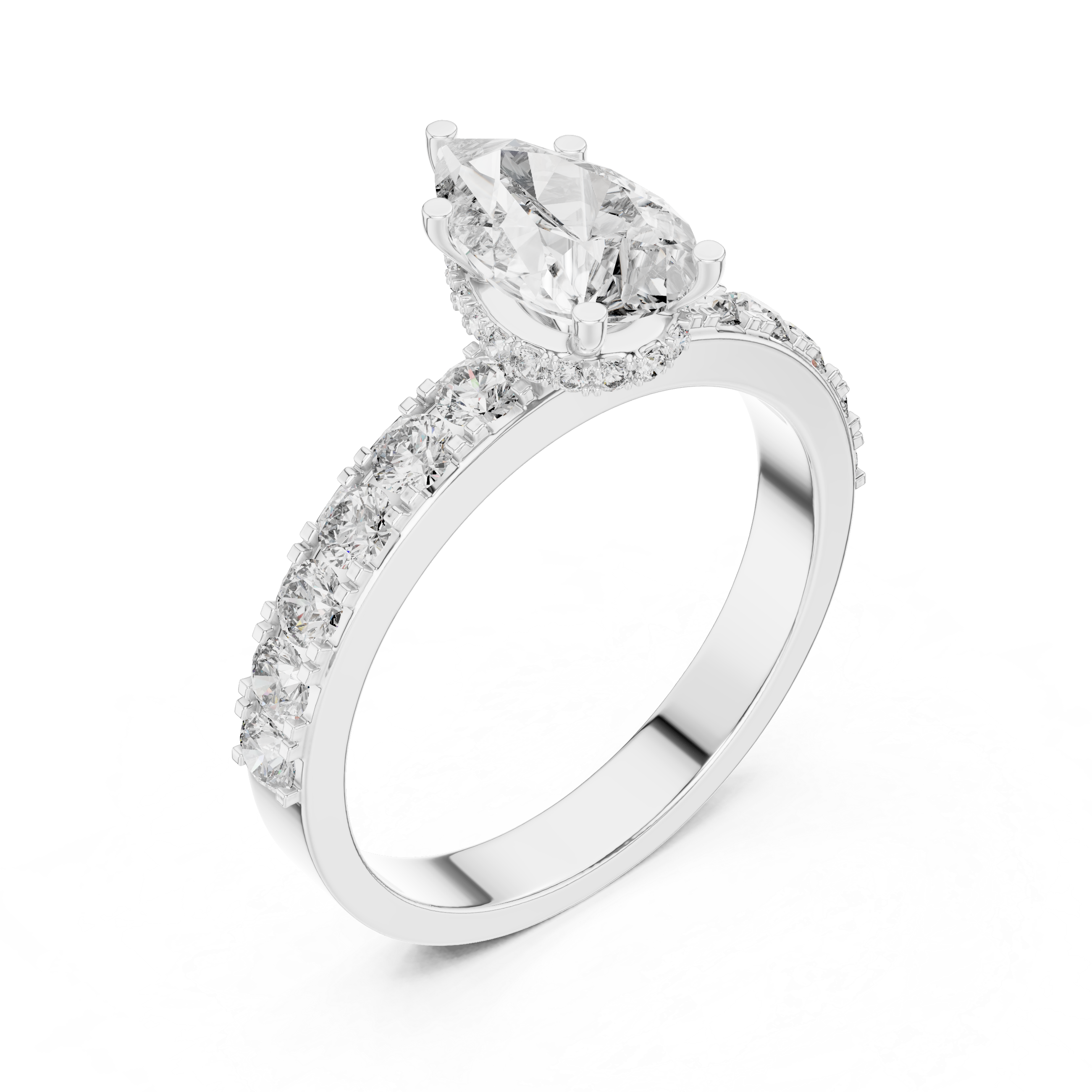 Pear Cut Solitaire Engagement Ring with Pavé Diamond Band – Minimalist Bridal Ring