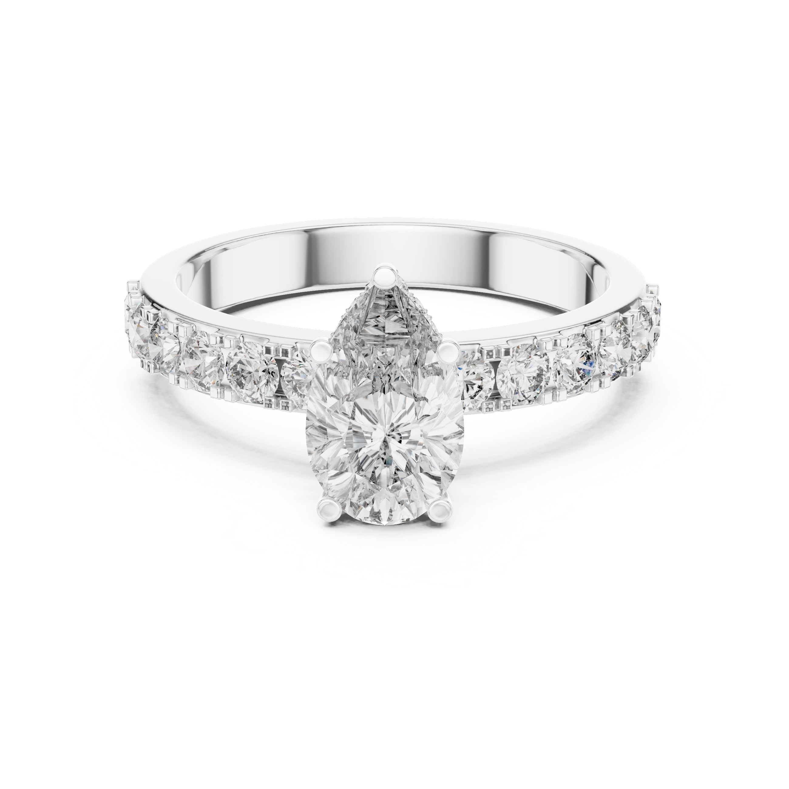 Pear Cut Solitaire Engagement Ring with Pavé Diamond Band – Minimalist Bridal Ring