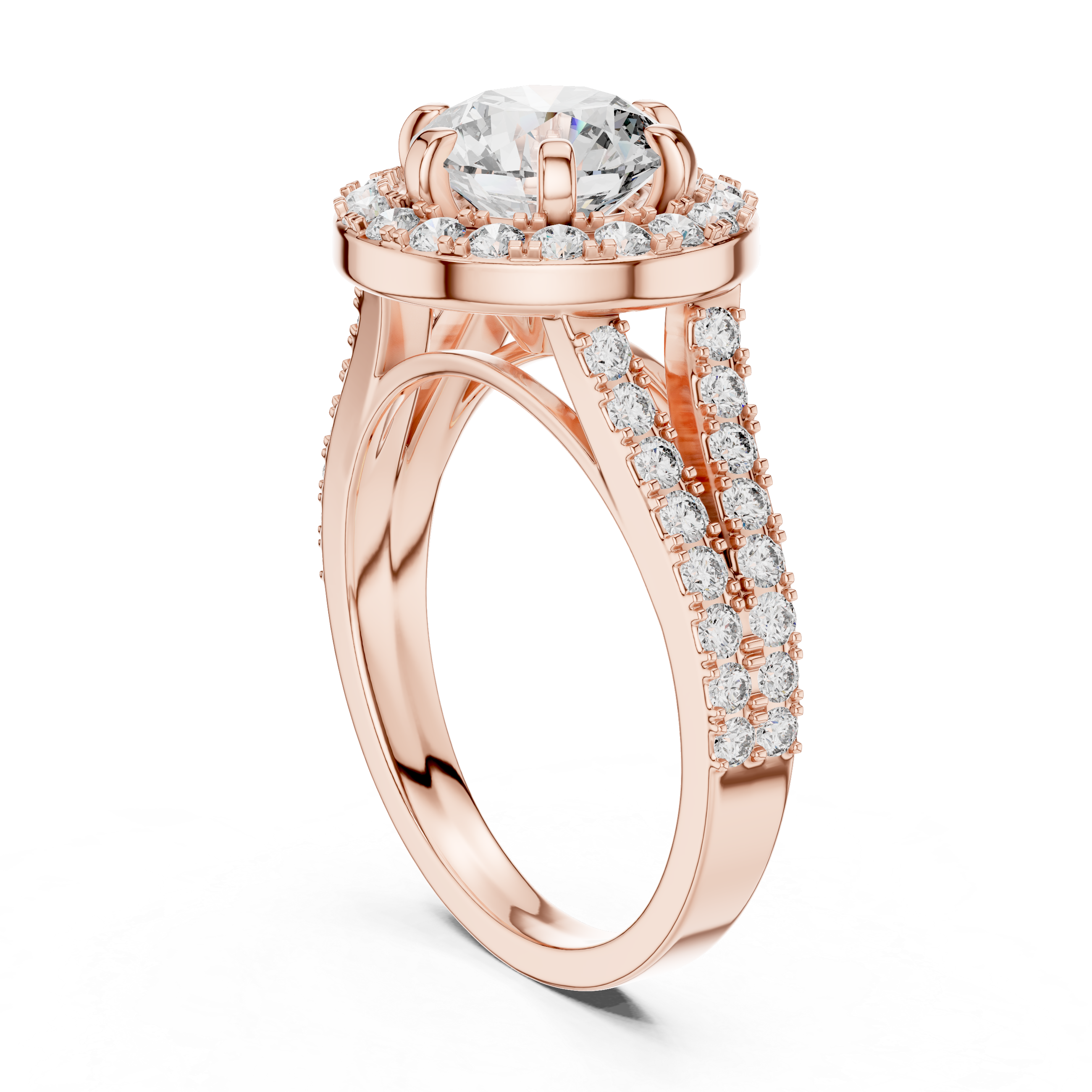 Luxury Double Halo Engagement Ring with Split Shank Diamond Band – Round Brilliant Bridal Ring