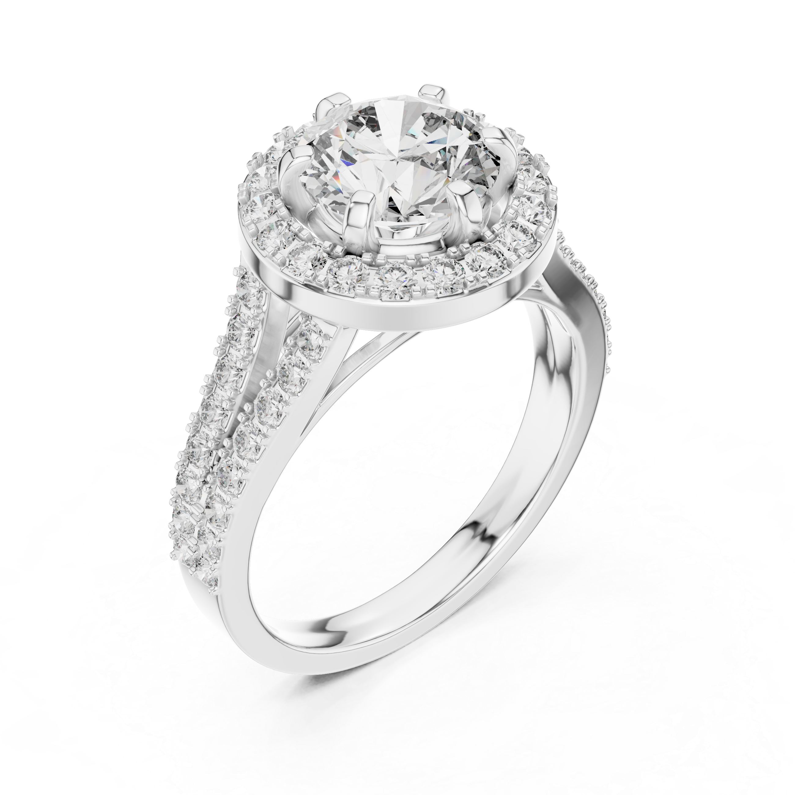 Luxury Double Halo Engagement Ring with Split Shank Diamond Band – Round Brilliant Bridal Ring
