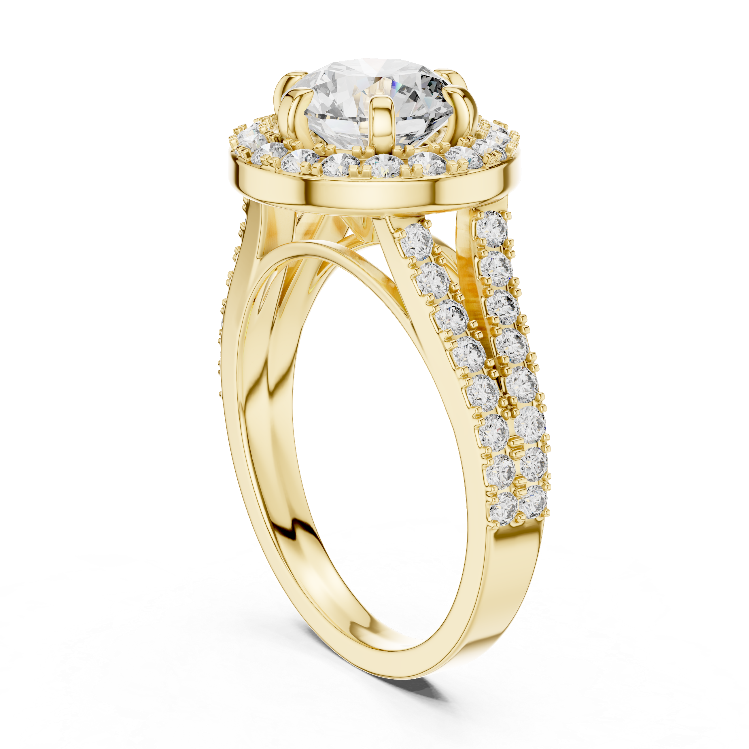 Luxury Double Halo Engagement Ring with Split Shank Diamond Band – Round Brilliant Bridal Ring