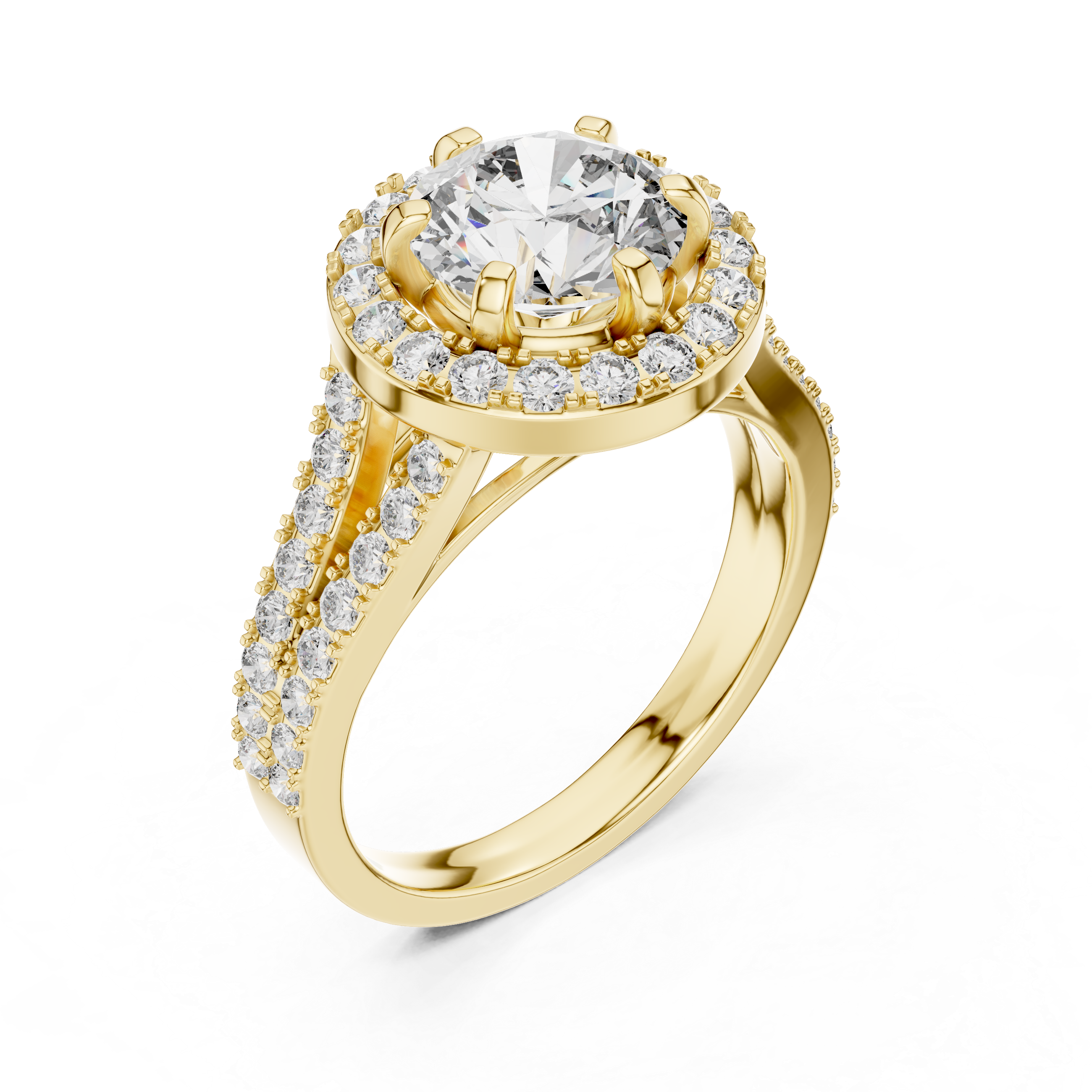 Luxury Double Halo Engagement Ring with Split Shank Diamond Band – Round Brilliant Bridal Ring
