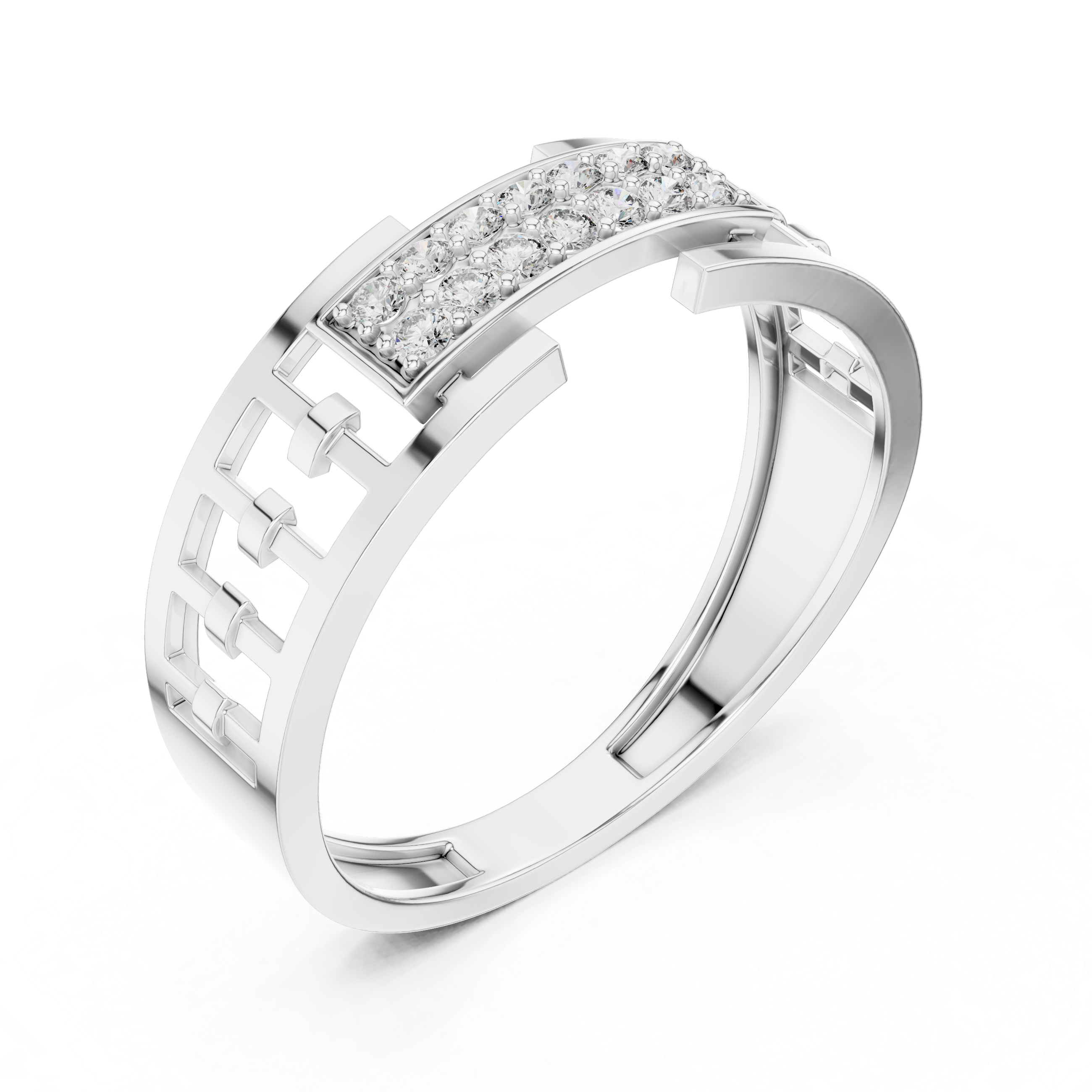 Modern Open Frame Diamond Ring with Geometric Pavé Center