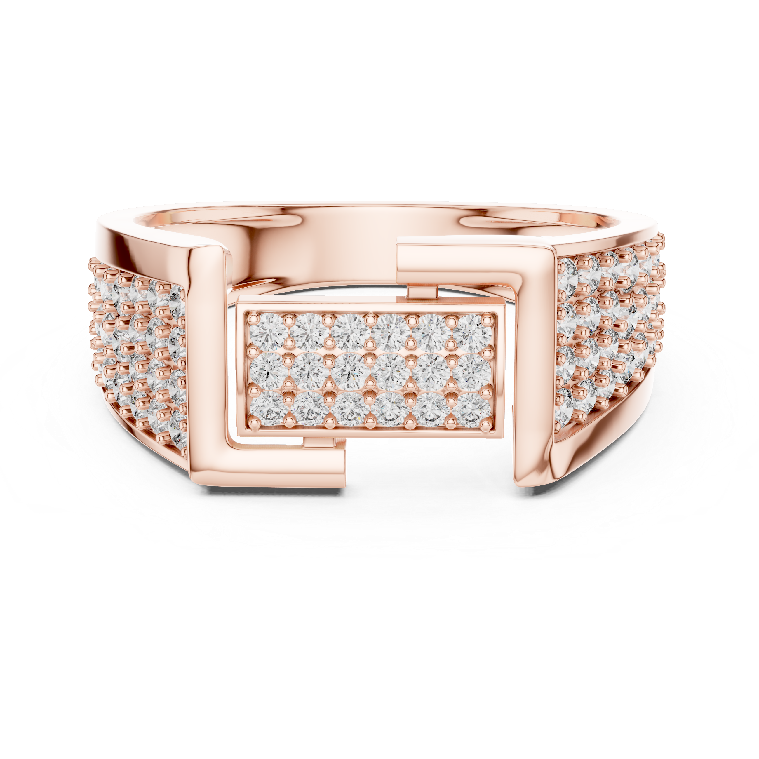 Luxury Geometric Buckle Diamond Ring with Triple Pavé Shank