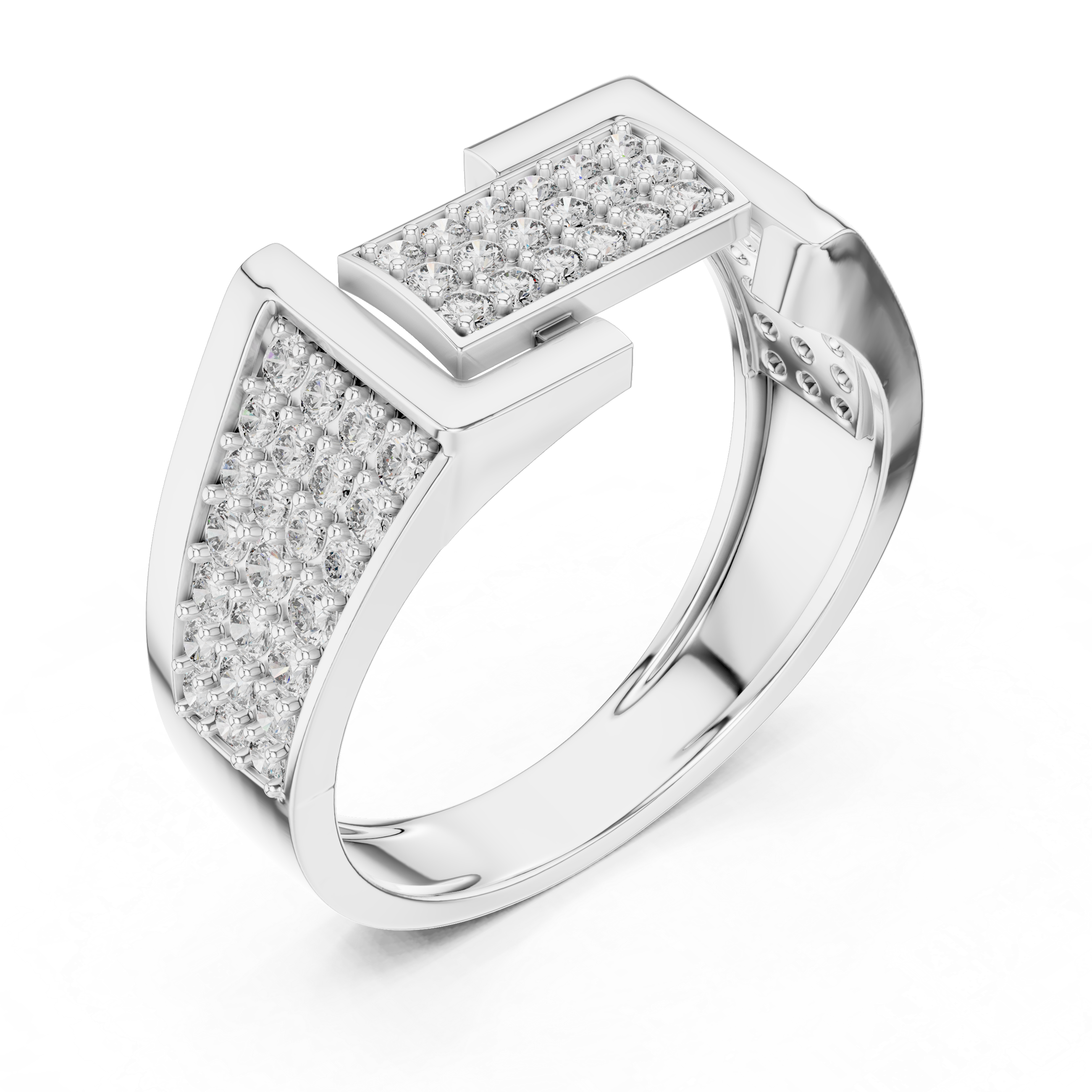 Luxury Geometric Buckle Diamond Ring with Triple Pavé Shank