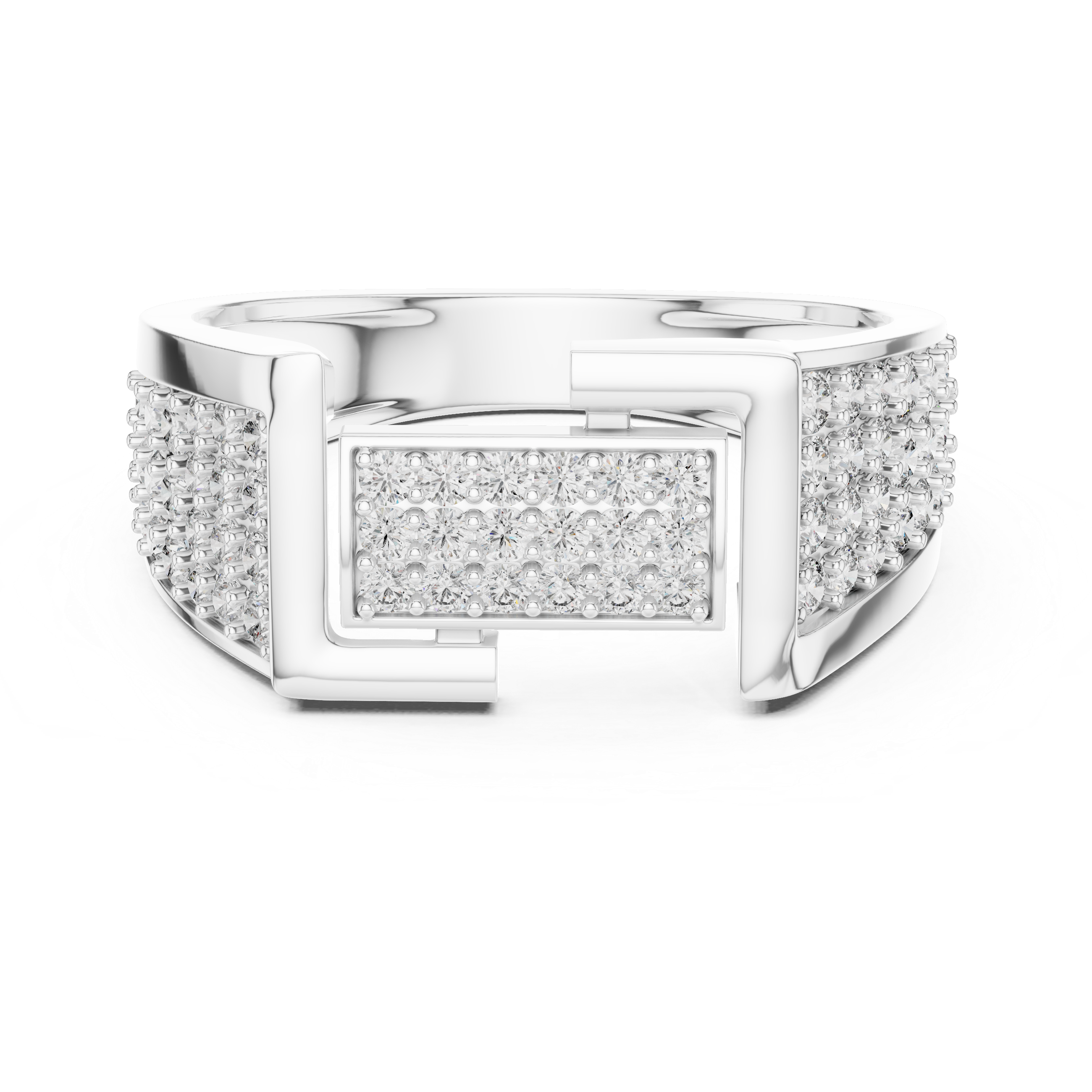 Luxury Geometric Buckle Diamond Ring with Triple Pavé Shank