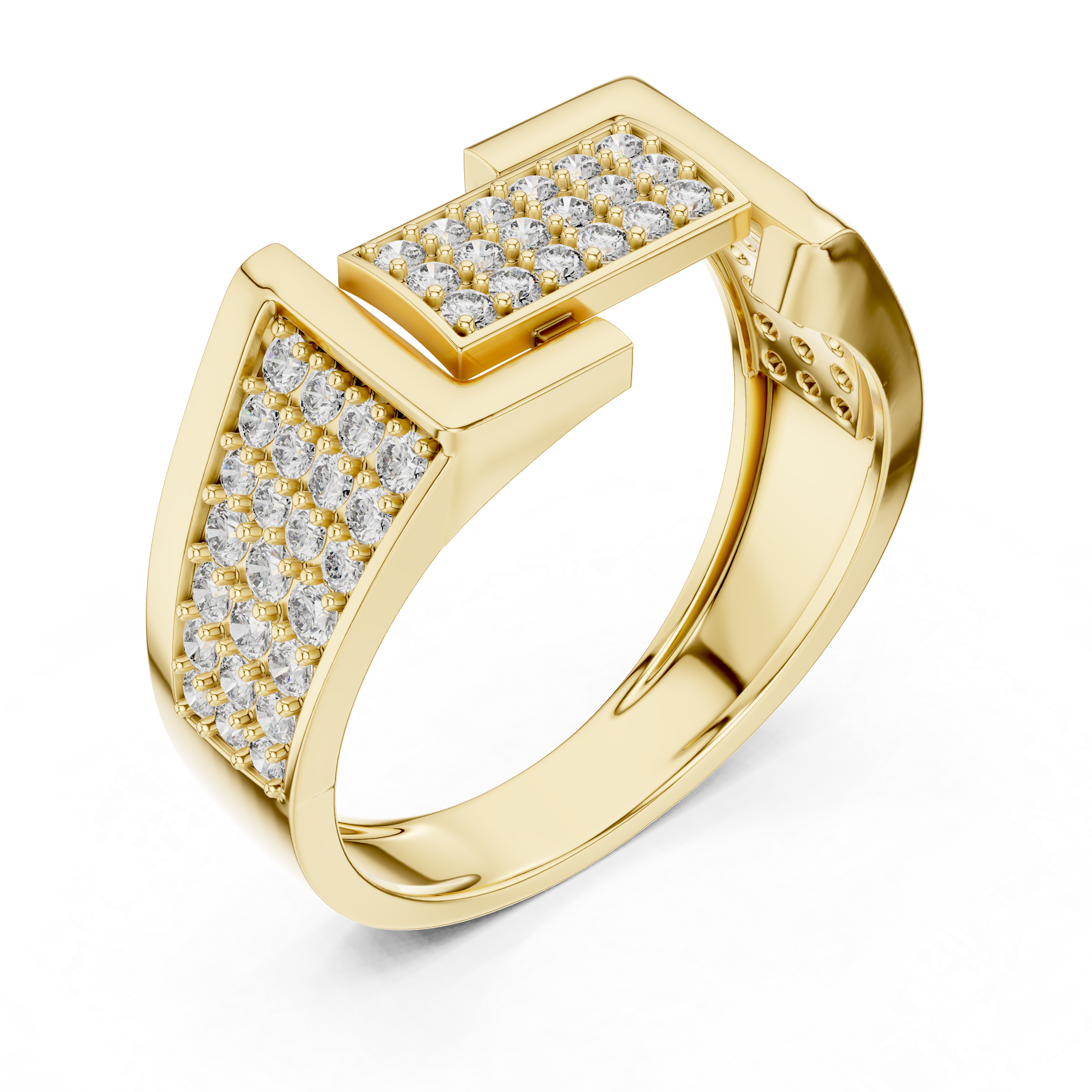 Luxury Geometric Buckle Diamond Ring with Triple Pavé Shank