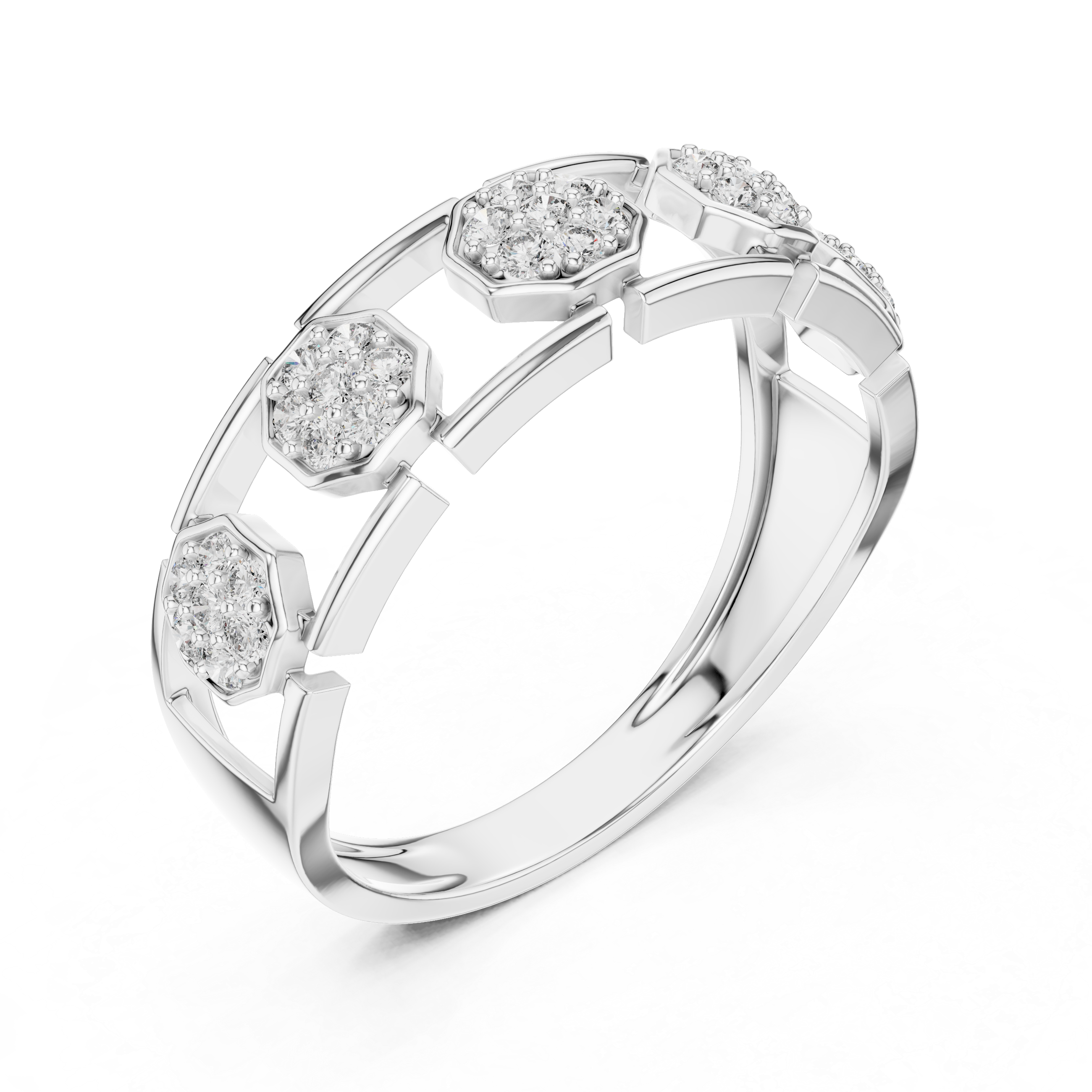 Modern Hexagon Cluster Diamond Ring with Open Gallery Design