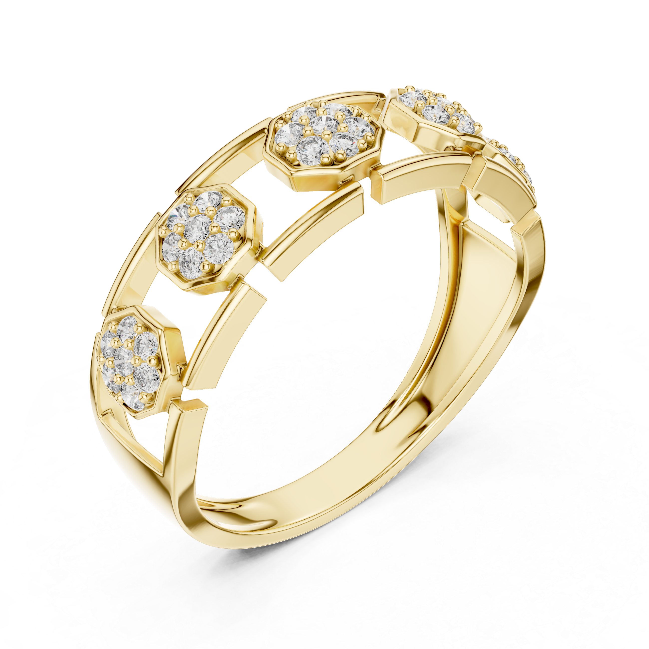 Modern Hexagon Cluster Diamond Ring with Open Gallery Design