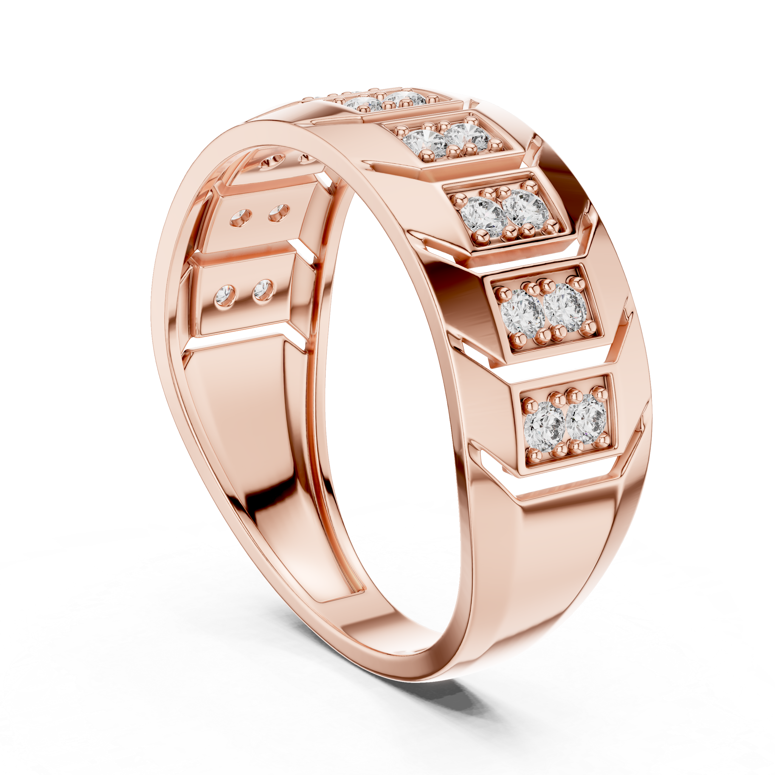 Modern Multi-Panel Diamond Ring with Geometric Groove Detailing
