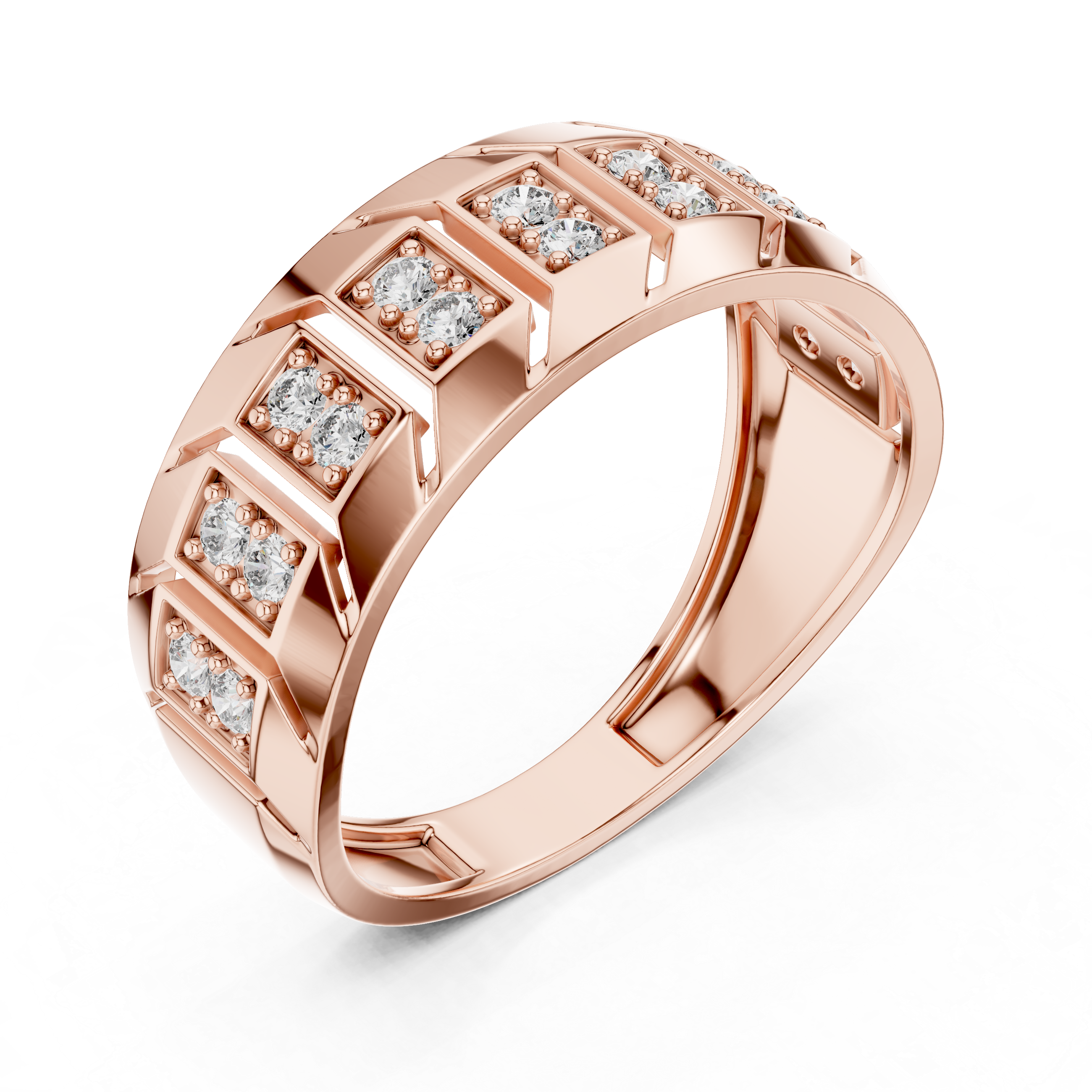 Modern Multi-Panel Diamond Ring with Geometric Groove Detailing