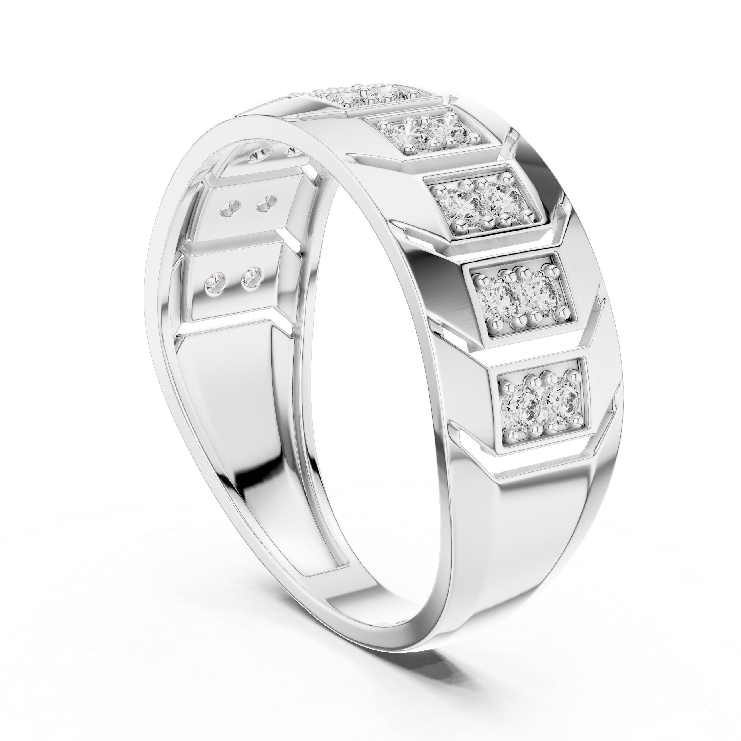 Modern Multi-Panel Diamond Ring with Geometric Groove Detailing